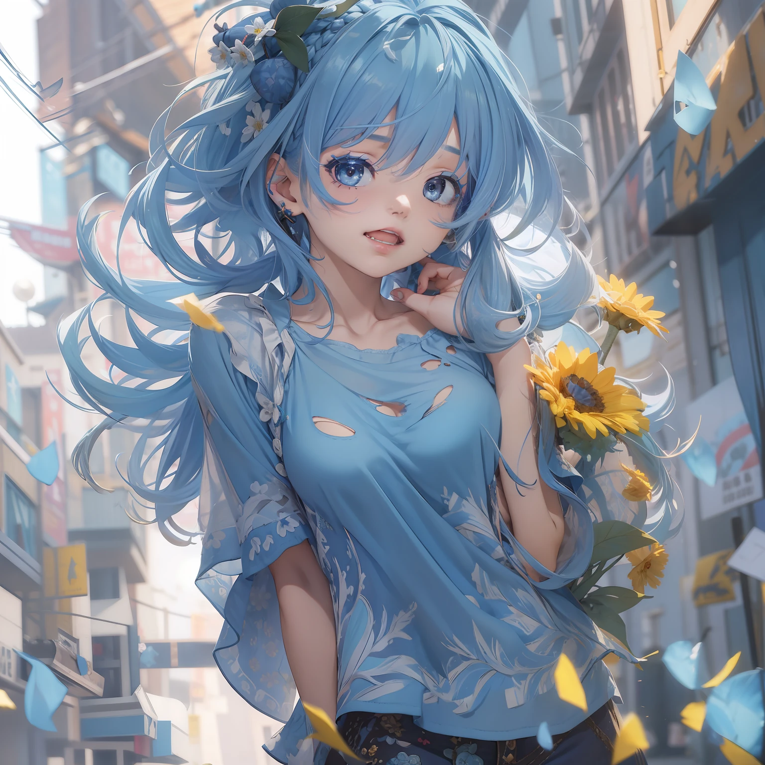 top-quality、Photorealsitic、8K、hight resolution、1girl in、femele、(Skindentation)、(large full breasts)、(profetional lighting、bokeh dof)、(a street)、(flower petals、many:0.6)、Sad face、fansty world(natta:1.2)、(Blue hair:2.0)、(Torn blouse:1.5)、(Portate:0.6)、tatteredclothing、Damaged clothing、a gorgeous、Torn clothes、Clothes torn、bloom、(Floating hair)、(light particules、lensflare、Luminous particles:0.6)、(dynamicposes:1.2)、softlighting、