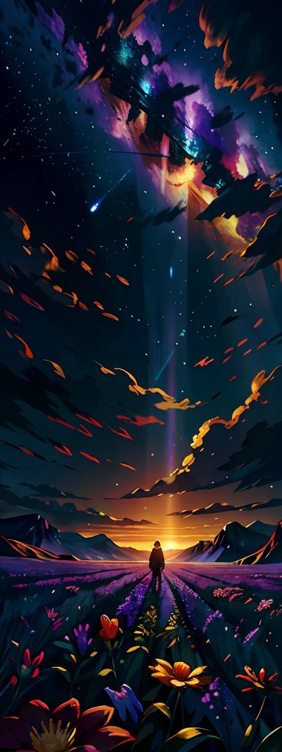 A wide landscape photo, (viewed from below, the sky is above, and the open field is below), a girl standing on a flower field looking up, (full moon: 1.2), (meteor: 0.9), (nebula: 1.3), distant mountains , Trees BREAK Crafting Art, (Warm Light: 1.2), (Firefly: 1.2), Lights, Lots of Purple and Orange, Intricate Details, Volumetric Lighting BREAK (Masterpiece: 1.2), (Best Quality), 4k, Ultra Detailed, (Dynamic Composition: 1.4), Rich in Detail and Color, (Rainbow Color: 1.2), (Glow, Atmospheric Lighting), Dreamy, Magical, (Solo: 1.2)