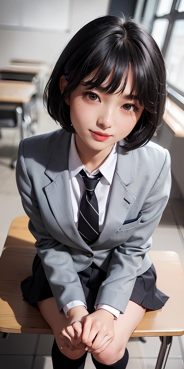 ((8k, RAW photos, top quality, masterpieces), high-definition RAW color photos professional close-up photos, (realistic, photorealism: 1.37), (highest quality), (best shadows), (best illustrations), collarbones ((big)), ((erotic, sexy, ultra high resolution, high-definition CG unified 8K wallpapers, physically based rendering, movie lighting), (aegyo sal:1), 18 year old girl, (grey blazer, ribbon, socks, high school uniform: 1.2), high school classroom, beautiful detail eyes, light on the face, ((full body shot: 1.2)), especially strong light, (upper eyes, grinning smile:1.2),shiny skin, (((black hair, bob hair:1.2))), ( thick thighs), ulzzang-6500-v1.1:0.2, shy, (flash:1.2), NSFW , (puffy), ((seductive posture: 1.2, attractive: 1.2)), (idle), (sitting at a desk in classroom: 1.2)), ((good anatomy: 1.2)), ((bright and refreshing classroom, background blurred: 1.2)), perfect face, cute face, (high angle shot:1.2)
