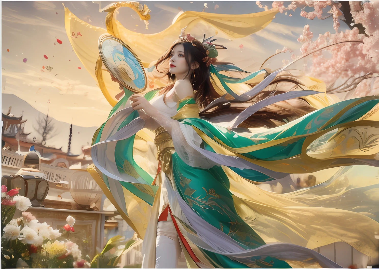 Empress of ancient China，20yr old，详细的脸，Beautiful and dignified，Excellent temperament，Aristocratic temperament，He wears a golden crown on his head，Floating blue ribbon