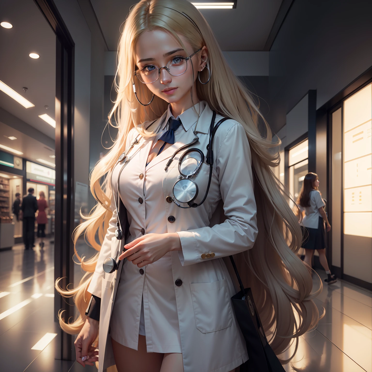 shopping mall, long blonde fringed hair, brown eyes, 1 girl, doctor, stethoscope at neck, smile, innocent, 100mm lens, (realistic, lens glare:1.4), look right, as doctor, uniform, (intricate details: 1.2), (masterpiece, :1.3), (best quality: 1.4), (ultra high resolution: 1.2), super high resolution, (detailed eyes), (detailed facial features), HDR, 8k resolution, (stethoscope), farsightedness, reflections on the floor, Low cut open cloth