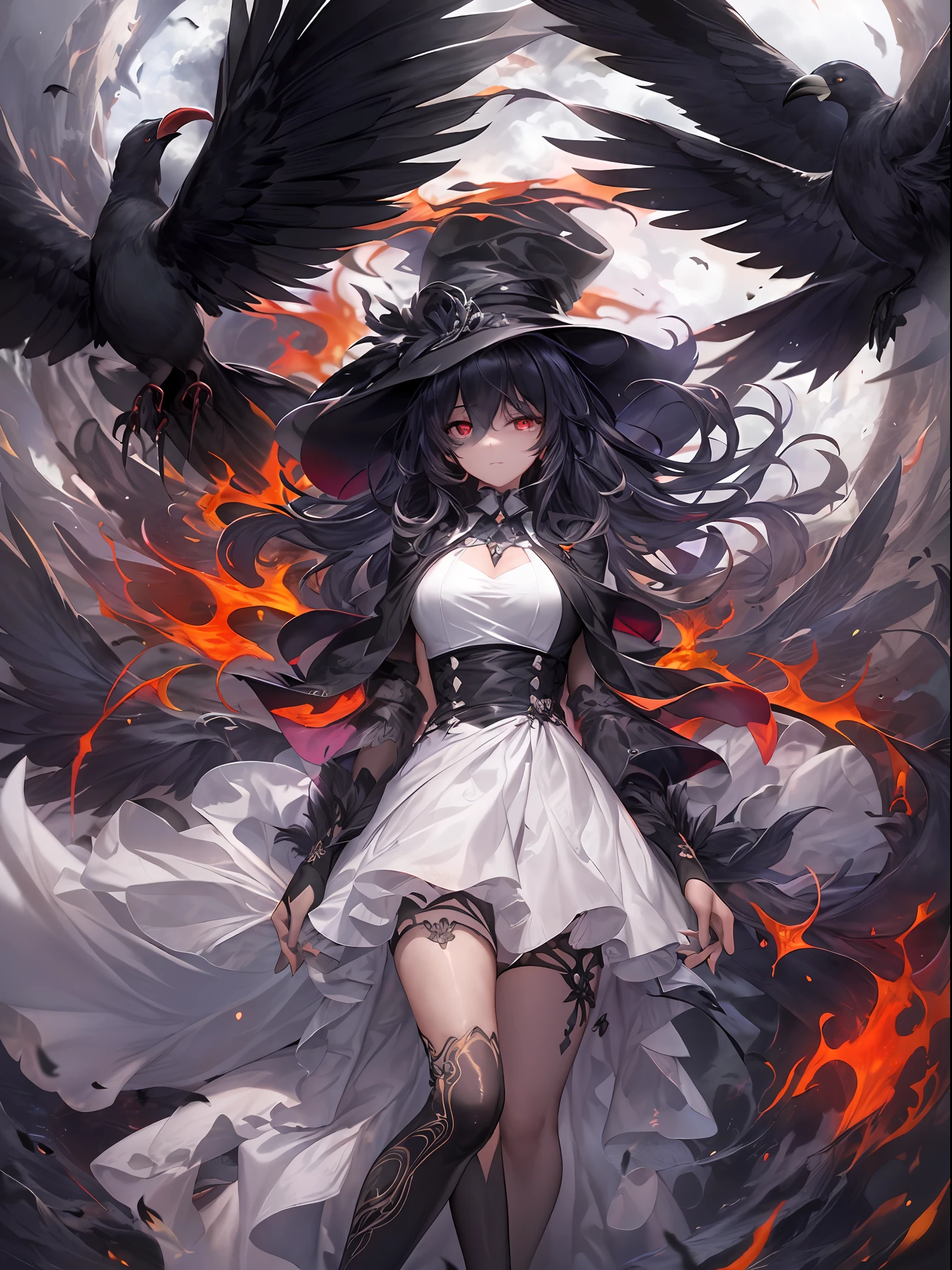 (((Masterpiece))),Best quality, Extremely detailed CG unity 8k, illustration, contour deepening beautiful detailed glow,(Beautiful detailed eyes), (1 girl:1.1), ((my)), Large top sleeve, Floating black ashes, Beautiful and detailed black, Red Moon, ((black cloud)), (Black wings) , the sky with clouds, Burning, Black dress, (Beautiful detailed eyes), The black face is expressionless, beautiful detailed white gloves, (crow), bat, (floating black cloud:1.5),White and black hair, Disheveled hair, Long bangs, hairs between eyes, Black knee-length heels, Black ribbon, white bowties, midriff,{{{half closed eyes}}},((Black fog)), Red eyes, (Black smoke), complex pattern, ((Black feathers floating in the air)), (((arms back behind)))