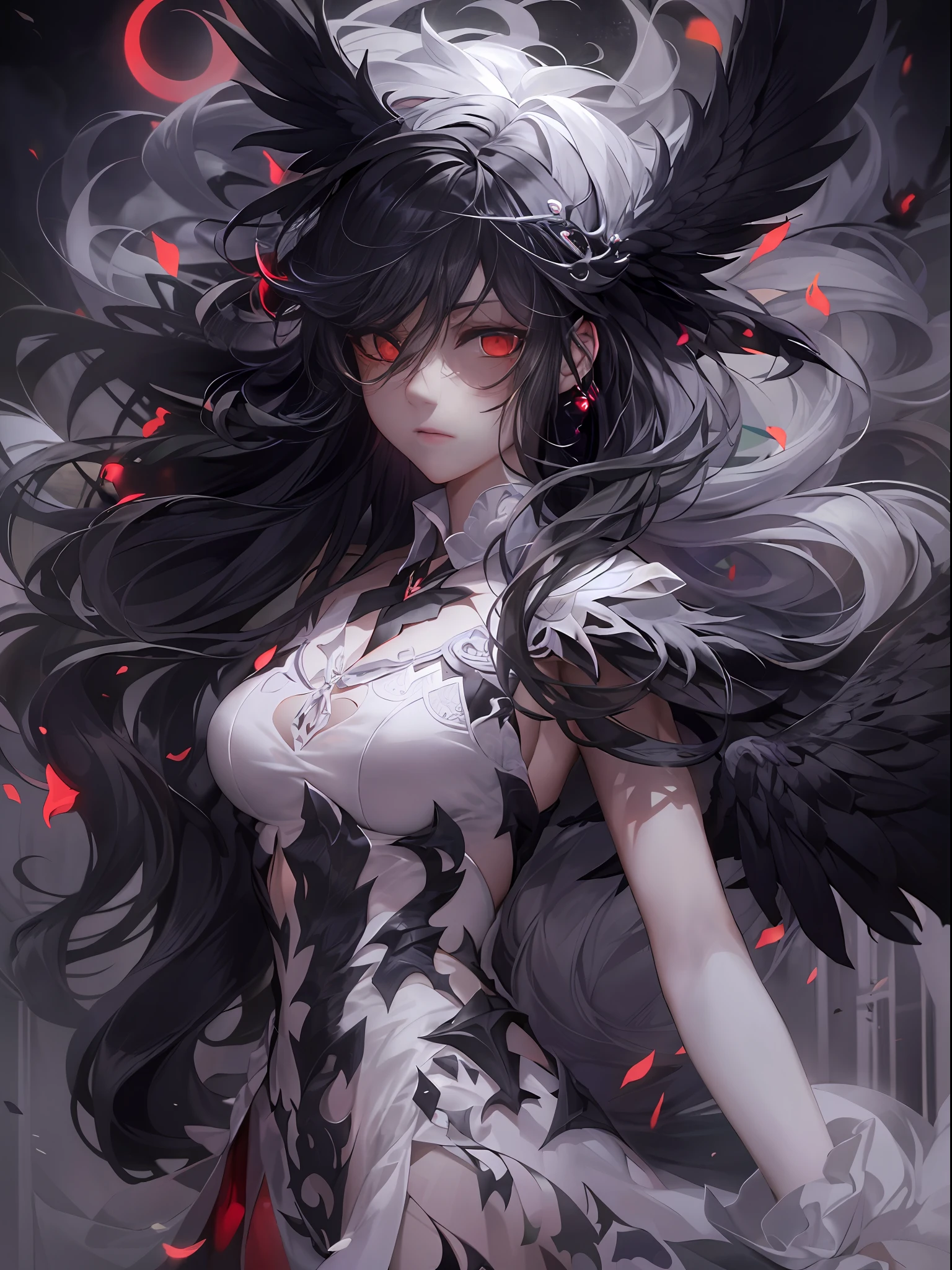 (((Masterpiece))),Best quality, Extremely detailed CG unity 8k, illustration, contour deepening beautiful detailed glow,(Beautiful detailed eyes), (1 girl:1.1), ((my)), Large top sleeve, Floating black ashes, Beautiful and detailed black, Red Moon, ((black cloud)), (Black wings) , the sky with clouds, Burning, Black dress, (Beautiful detailed eyes), The black face is expressionless, beautiful detailed white gloves, (crow), bat, (floating black cloud:1.5),White and black hair, Disheveled hair, Long bangs, hairs between eyes, Black knee-length heels, Black ribbon, white bowties, midriff,{{{half closed eyes}}},((Black fog)), Red eyes, (Black smoke), complex pattern, ((Black feathers floating in the air)), (((arms back behind)))