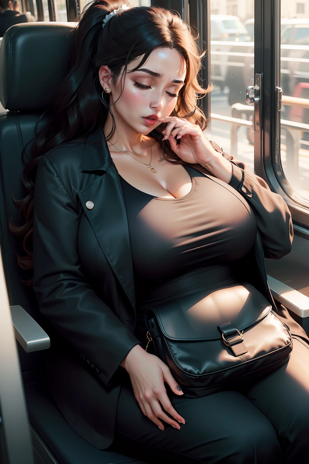 1 beautiful woman, large body, curvy woman, chubby woman, red lips, big cheeks, woman over 50, eyes closed, brown wavy hair, ponytail, dyed hair at the ends, heavily made-up eyelids, eyelids outlined with makeup , eyelids painted with shadow, white shirt with a large neckline, formal black pants, BLACK JACKET OVER SHIRT, large black handbag, asleep with her mouth open, asleep lying on the bus seat, head resting on the seat, hands on the lap, nodding