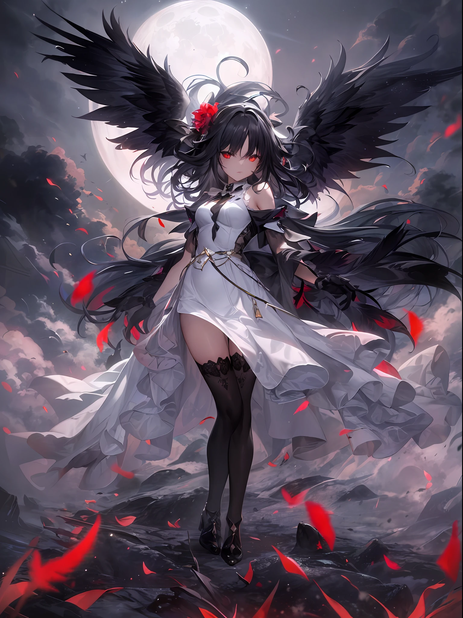 (((Masterpiece))),Best quality, Extremely detailed CG unity 8k, illustration, contour deepening beautiful detailed glow,(Beautiful detailed eyes), (1 girl:1.1), ((my)), Large top sleeve, Floating black ashes, Beautiful and detailed black, Red Moon, ((black cloud)), (Black wings) , the sky with clouds, Burning, Black dress, (Beautiful detailed eyes), The black face is expressionless, beautiful detailed white gloves, (crow), bat, (floating black cloud:1.5),White and black hair, Disheveled hair, Long bangs, hairs between eyes, Black knee-length heels, Black ribbon, white bowties, midriff,{{{half closed eyes}}},((Black fog)), Red eyes, (Black smoke), complex pattern, ((Black feathers floating in the air)), (((arms back behind)))
