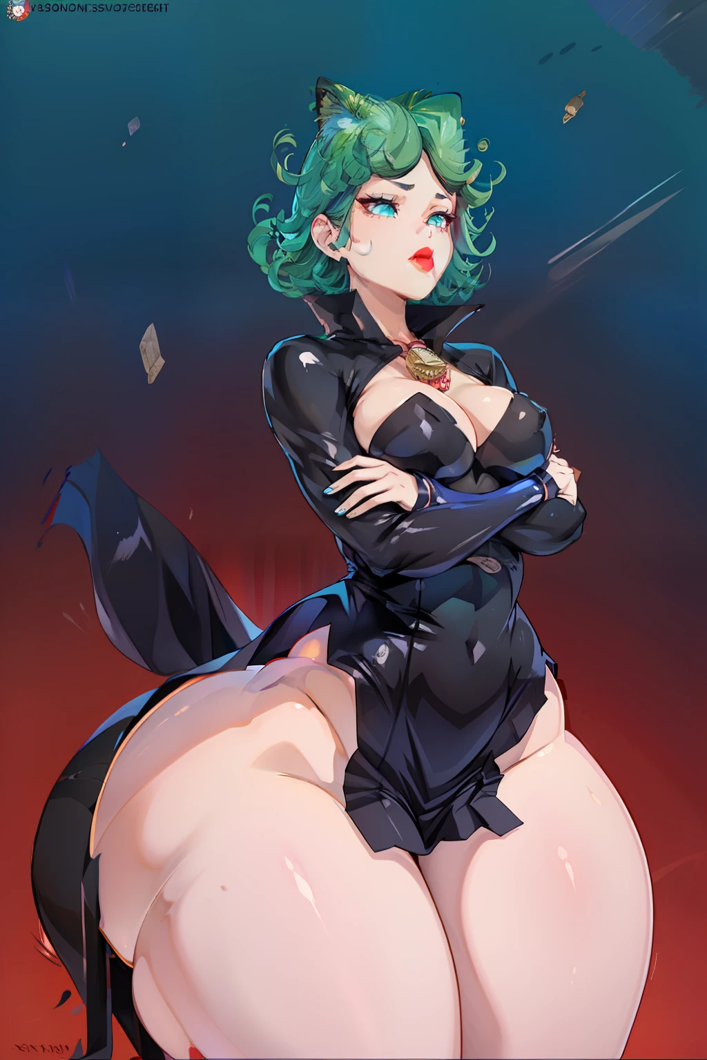 (master part, melhor qualidade), intricate details 1girl, , fundo pesado, bunda gigantesca, hiper coxas,milf lingerie bunda grande bunda foco(master part, melhor qualidade:1.2), cowboy shot, sozinho, 1girl, Tatsumaki, no fun, boca fechada, Olhando para o Viewer, folded arms, vestido preto, blue skies, nuvem((big red lips):1) beautiful 25 year old girl, detailed eyes (ultra realistic, highly detailed:1.2), best quality, masterpiece