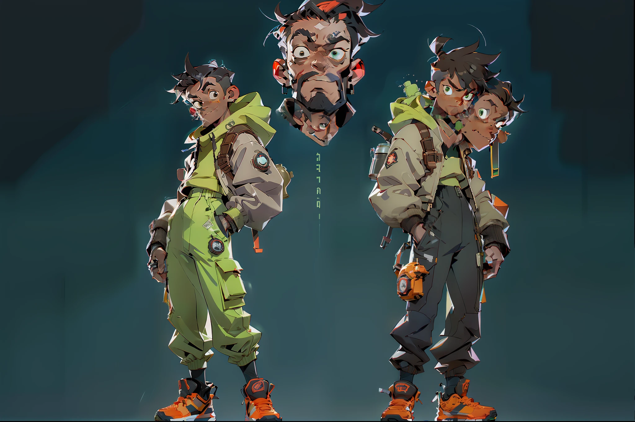((three sided view,full body,simple background,multiple views,highres)),A man in a biochemical weapon costume，Middle age，evil，Chemical and biological weapons，Gas tanks，catheter，Green venom，torn outfit，Armageddon，Doomsday wasteland style，In steampunk style，（（concept art of character）），((character design sheet、Same role、frontage、Lateral face、on  back))，