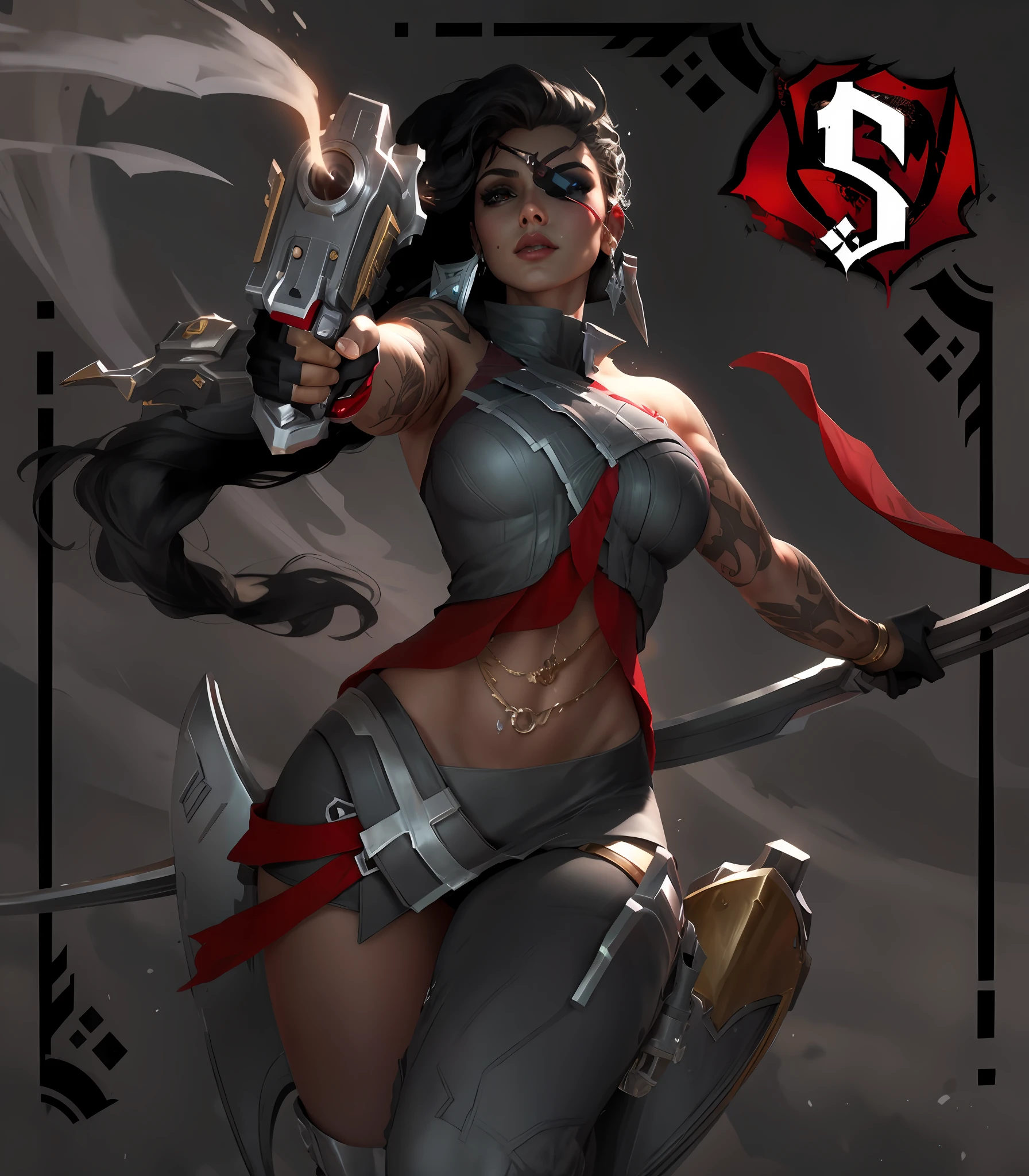 Revolver and sword in hand, Nota S de fundo, um close up de uma mulher segurando uma arma e uma espada, Samira de League of Legends, Samira de League of Legends, Samira, arte de splash do personagem, Estilo Artgerm, Irelia de League of Legends, Artgerm extremamente detalhado, Samira de League of Legends, Arte estilo League of Legends, sigma female