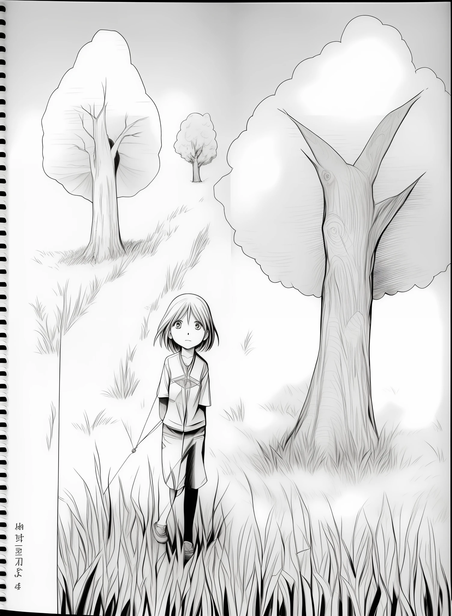 Draw a girl standing in a field with a kite, pencil and ink manga, pencil and ink manga drawing, ink manga drawing, black and white manga page, with a tall tree, inspired by Yumihiko Amano, cool shading, next to a tree, comic page, Manhwa Style, screentone shading, some trees in the background
