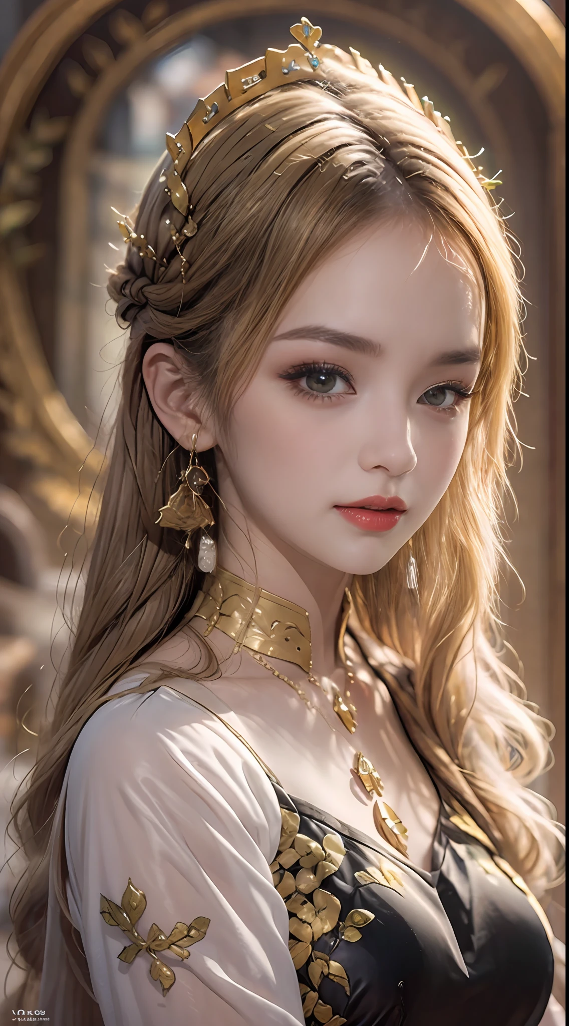 Portrait of a young 20-year-old saint, a saint with a beautiful and super cute face, Chinese doll, super cute face, holy woman wearing a combination of ao dai and thin pants with red color and yellow lace trim, beautiful face without blemishes, shut up, ((long hair seven colors rainbow:1.2)), big crown, hair brooch, hanfu dress, chinese ancient style, Neck and hand necklaces, small earrings, hair jewelry, hair brooches, ao dai with many meticulous motifs, forehead tattoo,Big and round breasts, The female saint's breasts are round and very full, breast augmentation, innocent face, The most beautiful and detailed light red lipstick, ((Thin plump lips:0.3)), ((Golden eyes:1.2)), The eyes are delicately decorated,(white and detailed) cinematic, light and dark, dramatic lighting, magical light, extremely detailed light, true color, super sharp, realistic, 8k quality, fantasy universe background, saints and magical space, the most detailed images, Solo, a saintess, ((looking directly at the saint's upper body:0.4)), ((smooth skin:0.5)), Extremely detailed pixels, super true, extremely detailed and complex graphics, the highest resolution, close-up portrait,