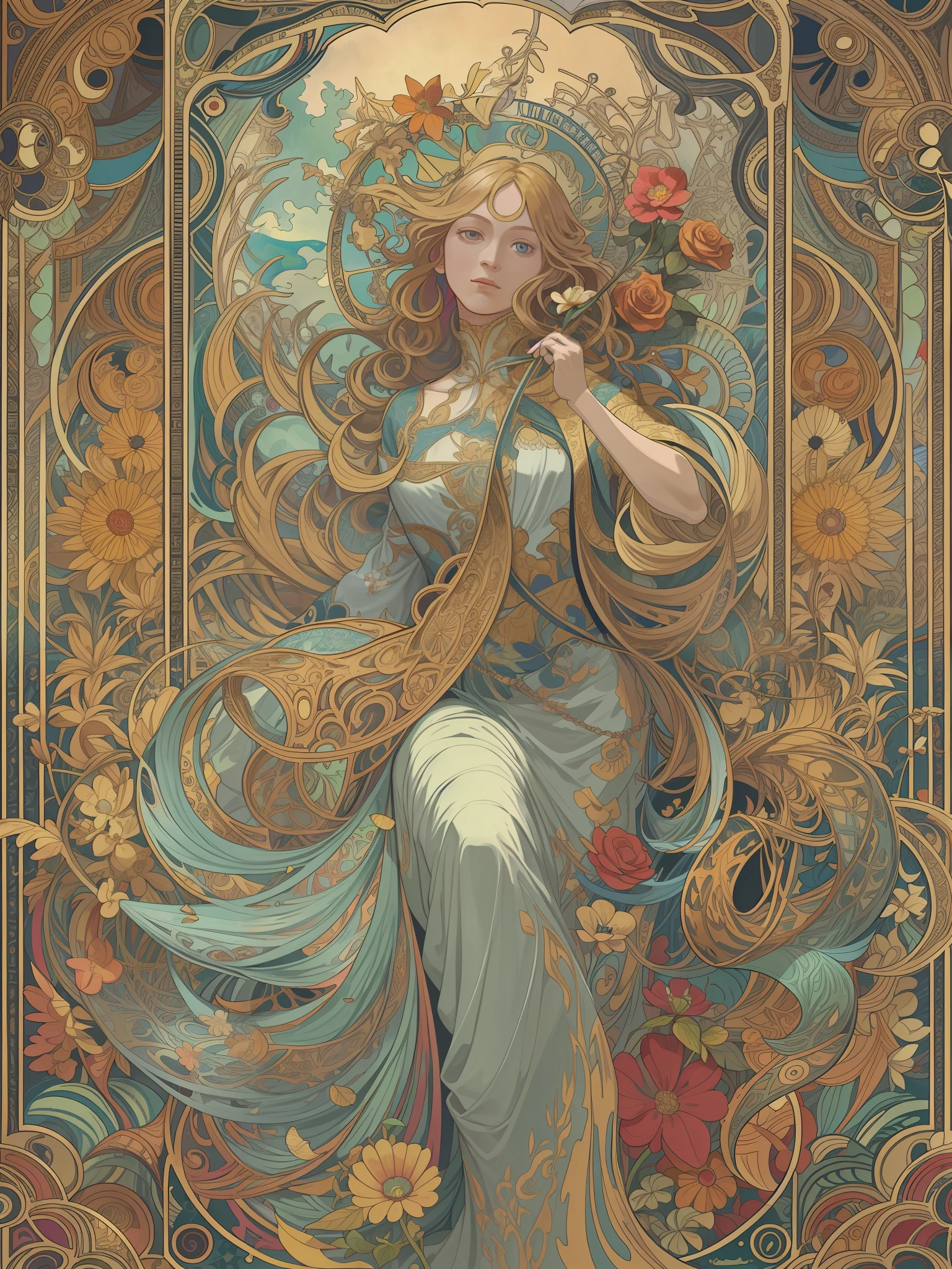 (Flat color:1.1),(Colorful:1.3),(Masterpiece:1.2), Best quality, Masterpiece, Original, extremelydetailedwallpaper, view the viewer,1girll,Solo,floating colorful water，tarot card layout，Best quality, Masterpiece, (Realistic:0.6), Realistic lighting,Flower frame， Decorative panels， abstract artistic， Alphonse Mucha （tmasterpiece， best qualtiy， A high resolution： 1.4）， A detailed， Complicated details， 4K，cerulean， Line art， Fibonacci