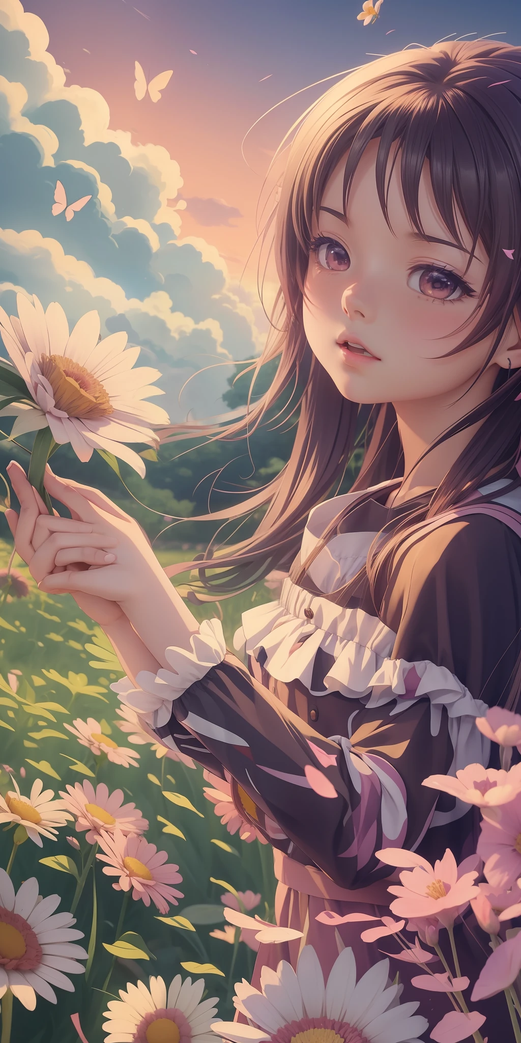 Menina anime segurando uma flor em um campo de flores, menina anime flor bonita, Anime Art Wallpaper 8K, 4 k manga wallpaper, Anime Art Wallpaper 4K, , menina anime bonita, Bom anime, 4k anime wallpapers, Estilo anime 4K, cabelos pretos.