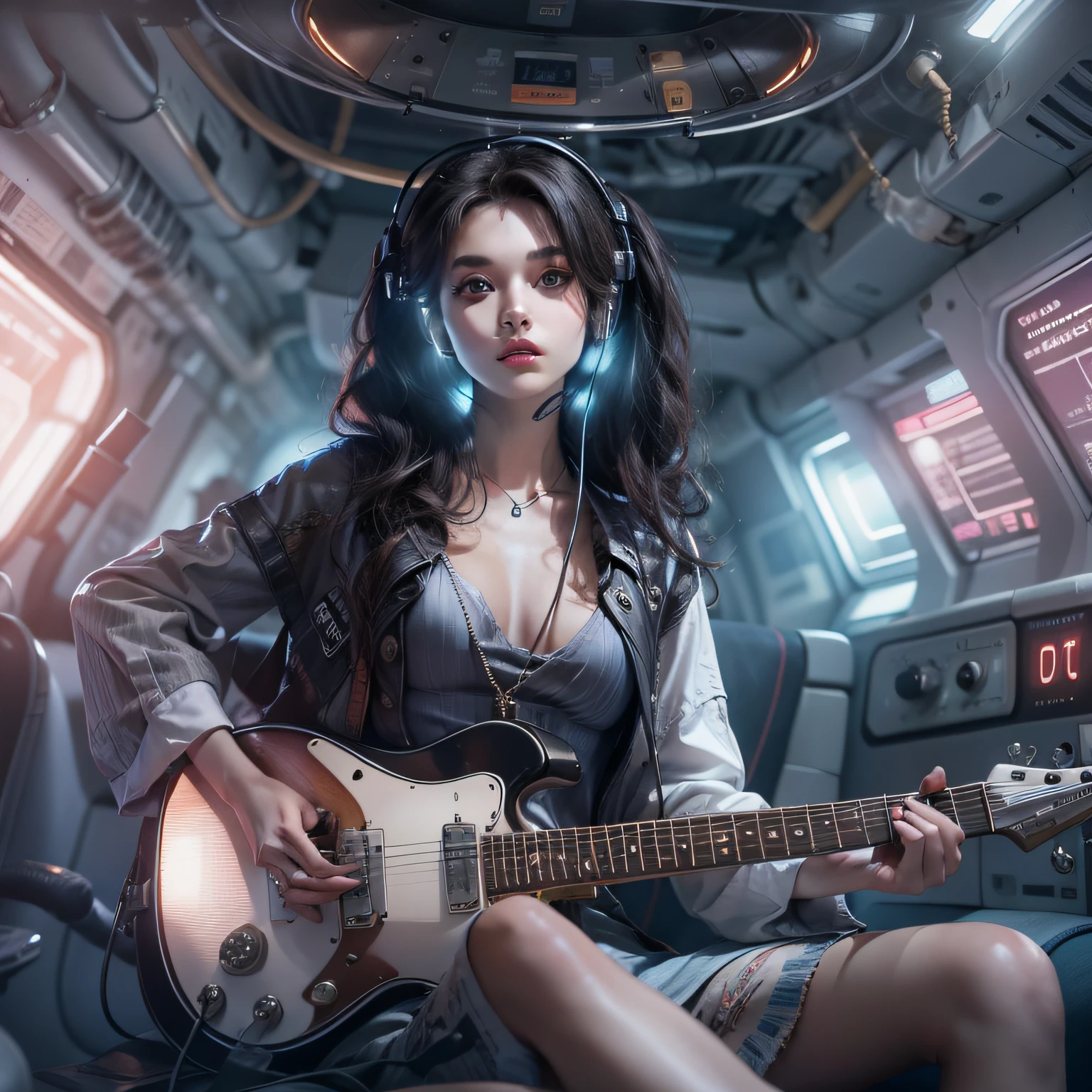 Enchanted woman holding an electric guitar Perfect beauty Very white skin Beautiful eyes Glossy lips Sitting in a seat with legs kicked up long-sleeveTwearing a shirts Functional head phone Inside the spacecraft