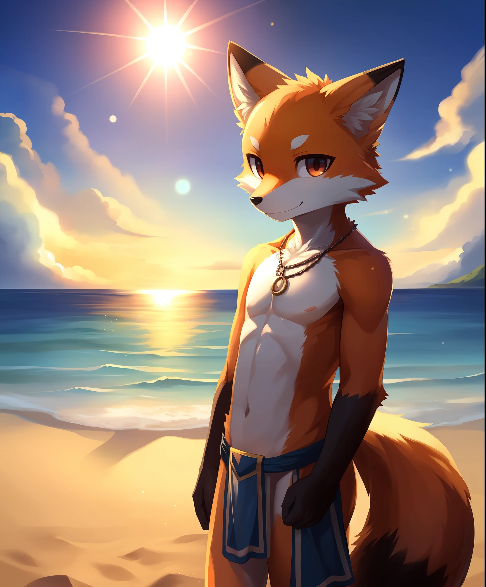 masterpiece, high quality, absurd res, digital painting \(artwork\), by kuroisumi, yupa,kiyosan. soft lighting, solo, (anthro male fox), (orange body), sunshine, beach, loincloth, sea, cloud, dark, bright, sand, from side, necklace. impasto, panorama,portrait,135mm,looking at viewer,character focus. (detailed background,amazing background),outdoors,scenery,light particles