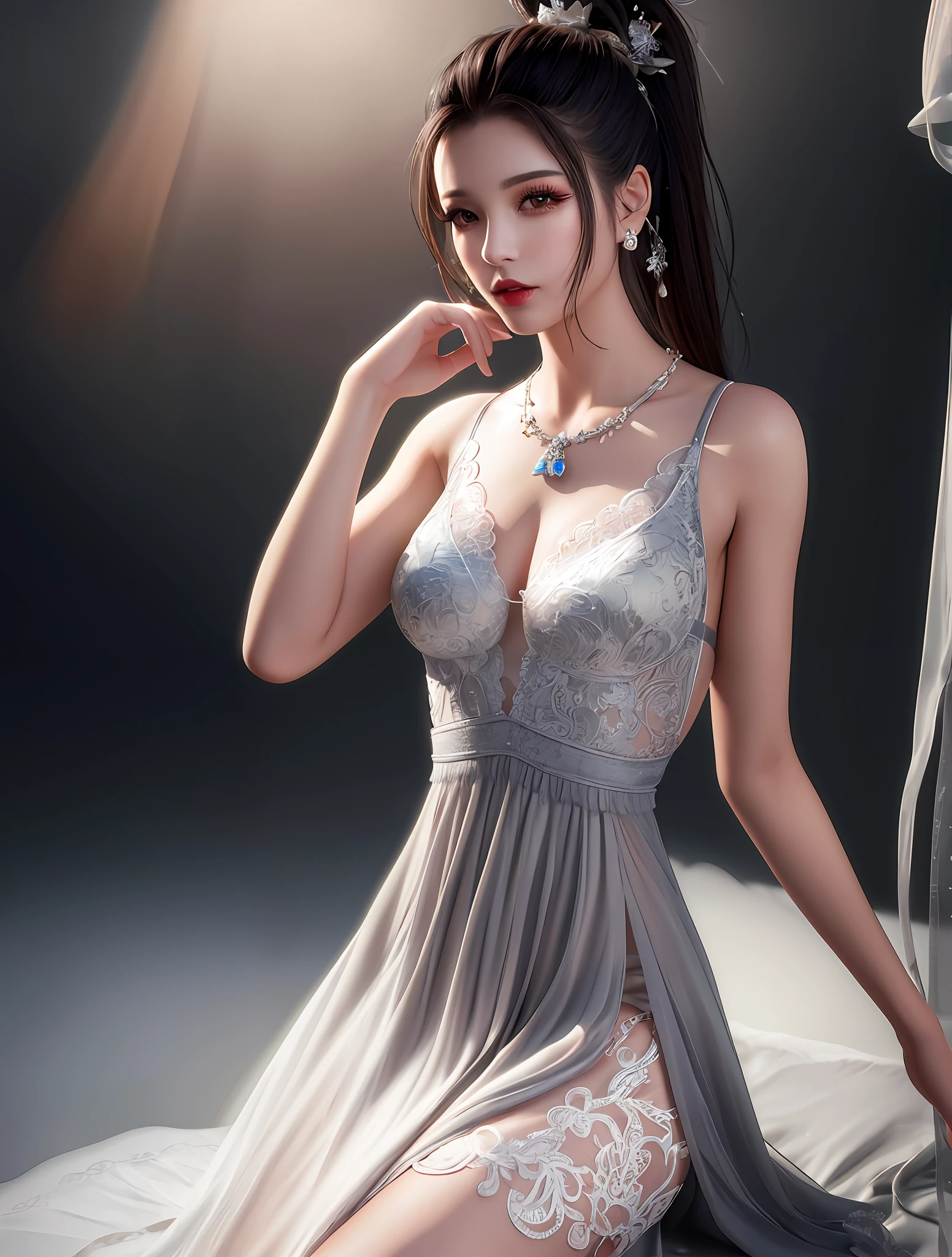 ((Realistic lighting、​masterpiece:1.3))、(Raw photo:1.2)、Hyper realist portrait gorgeous beautiful mature woman、35 year old、beutiful breast、perfect bodies、((White smooth skin:1.6))、((wearing luxury dress)、(Luxury Jewelry))、Beautiful greedy eyes、extremely detailed eye and face、Attractive serious face、(heavy make-up:1.5)、(Standing Pose)、Chignon's hairstyle、top-quality、8K、professional photograpy、Modern hotel lobby background、 full bodyesbian、fullnude