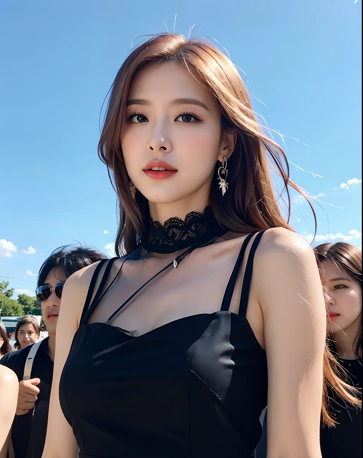 bestquality、Highres、8ｋ、Girl 1 Mature Mature Mature Mature Woman Man、(Huge breasted)、During the Day、Bright、out door、(Street:0.8)、(People々、crowds:1)、(Lace) -trimmed dress:1.5、Light Black Clothing:1.5、Black High Neck Dress:1.5、sleeveless dress、Black Dress:1.5)、Luxury、(medium Hair)、beautiful detailed sky、beautiful earrings、(Dynamic Pose:0.8)、 (upper Body:1.2)、Illuminated by soft、Wind、Lustrous skin、line of sight、