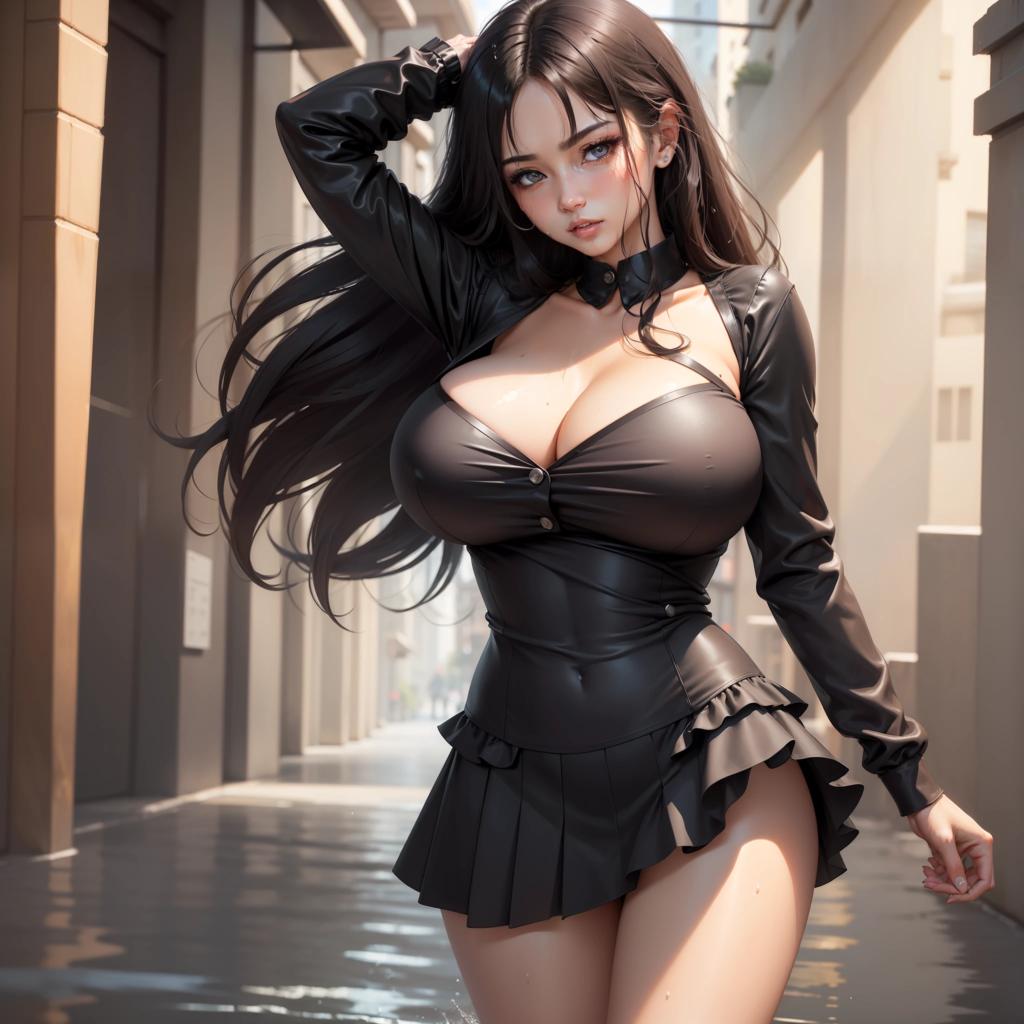 ((best qualtiy, 8k, tmasterpiece:1.3)), sharp:1.2, perfect figure beautiful woman:1.4, Slim abs:1.2, ((Layered Hair Style, huge tit:1.2)), (Long shirt with wet white buttons:1.1),Professional Dress,OL,Black hip skirt,(Sateen,the street:1.2),Get wet:1.5,Highly detailed facial and skin texture,A detailed eye,二重まぶた,Look sideways at the camera