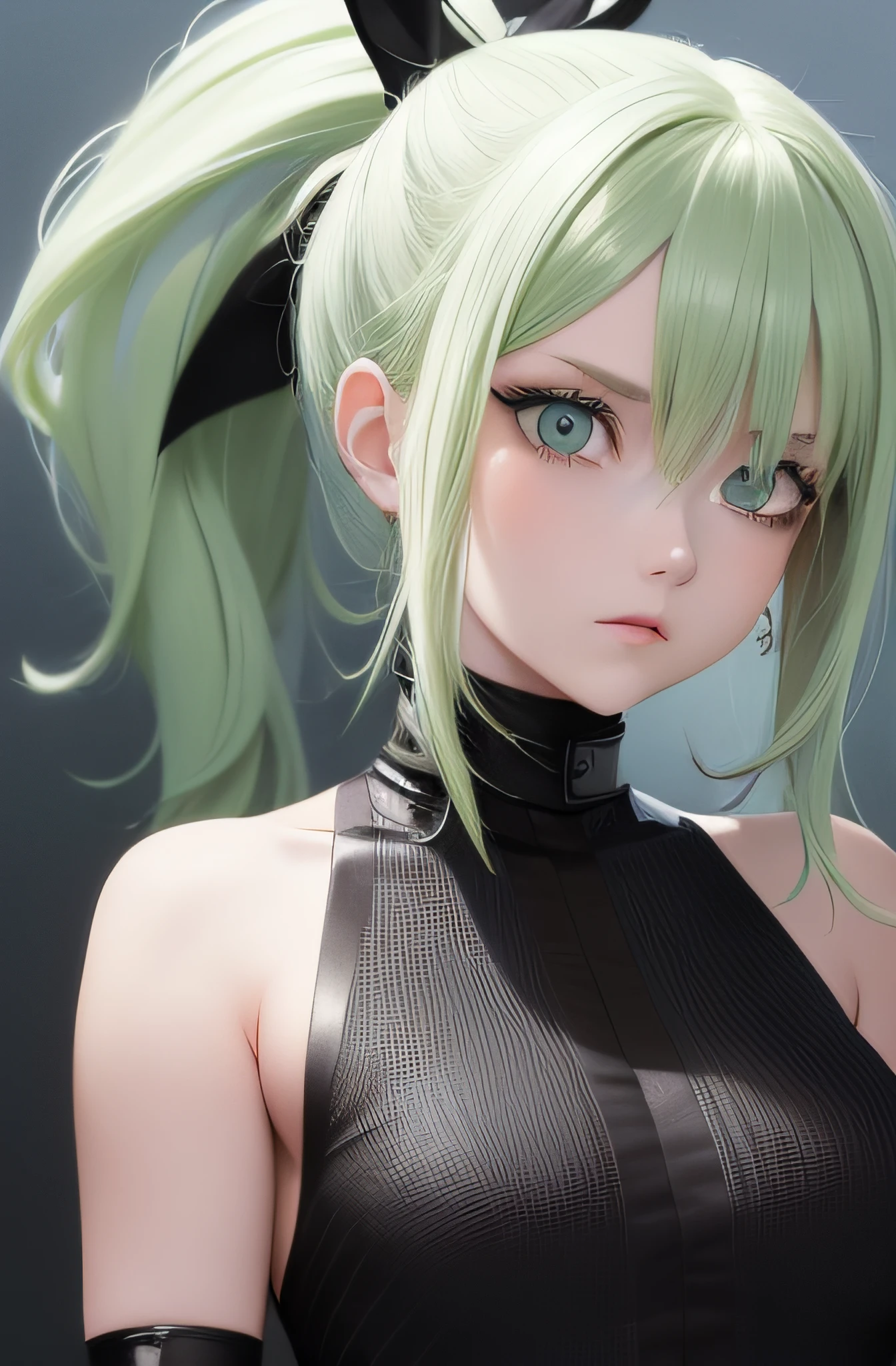 best quality, masterpiece, neon green hair, blue eyes, looking straight, upper body, black clothes, white ribbons, ponytail