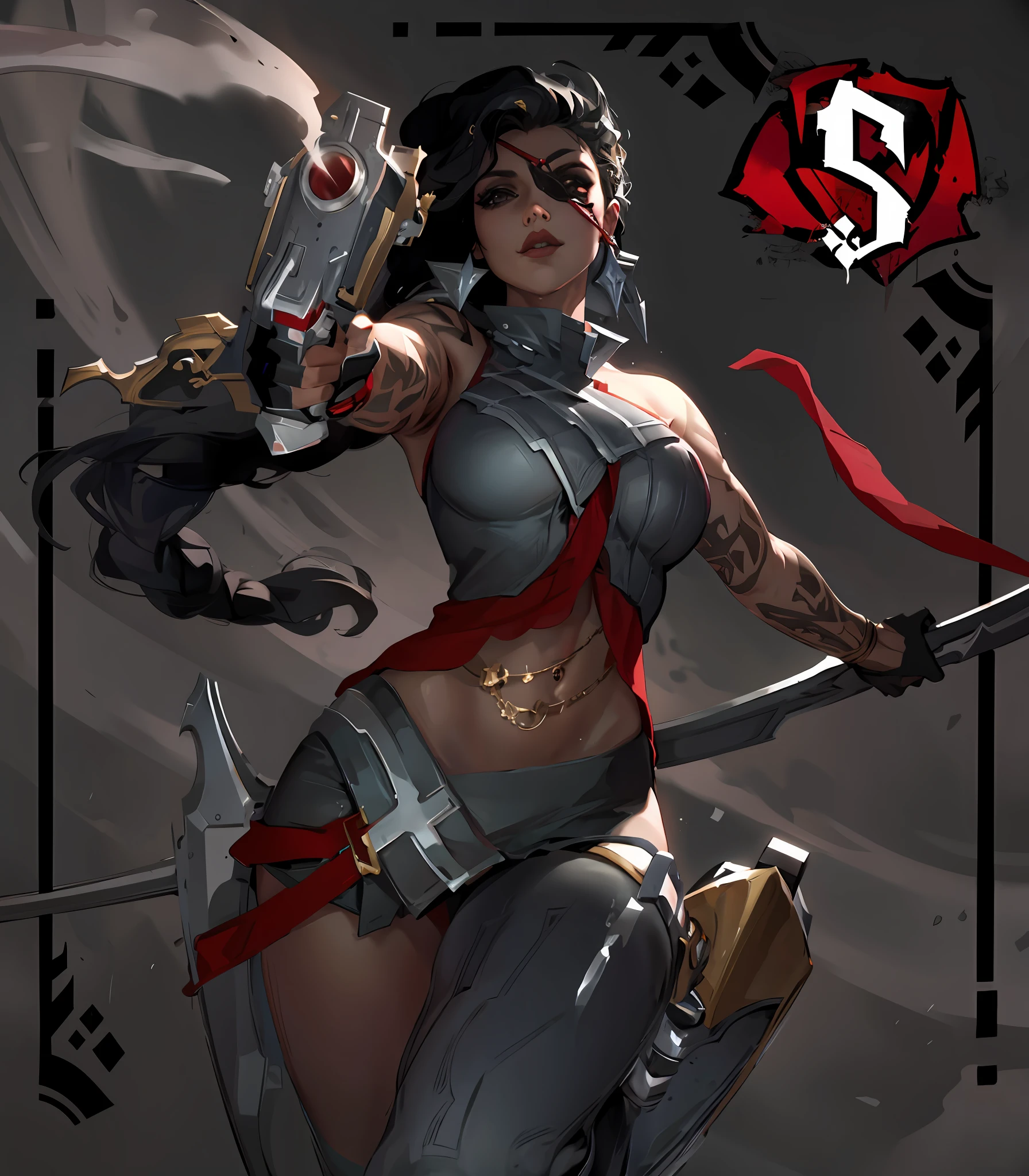 Revolver and sword in hand, Nota S de fundo, um close up de uma mulher segurando uma arma e uma espada, Samira de League of Legends, Samira de League of Legends, Samira, arte de splash do personagem, estilo artgerm, Irelia de League of Legends, Artgerm extremamente detalhado, Samira de League of Legends, Arte estilo League of Legends, sigma female
