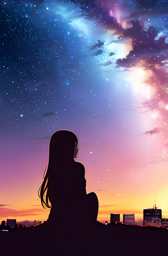 octans, sky, star (sky), scenery, starry sky, night, 1girl, night sky, solo, outdoors, building, cloud, milky way, sitting, tree, long hair, city, silhouette, cityscape