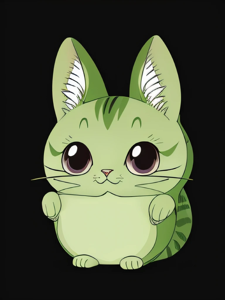 a delightful vector art of an avocado with cute cat features, merging the charm of both elements. Depict the avocado with a cat's ears, whiskers, and a playful expression. The avocado pit can be transformed into a cat's nose, while the avocado's green skin serves as the cat's fur. Add large, expressive eyes with a hint of curiosity and innocence to enhance the cuteness of the catto avocado. You can also incorporate avocado leaves and stems to give it a natural touch. The background can showcase a playful and colorful setting, with avocado trees and cat paw prints. This style should create an endearing and charming character that embodies the essence of both an avocado and a cat, isolated, black background, in the style of 0mib