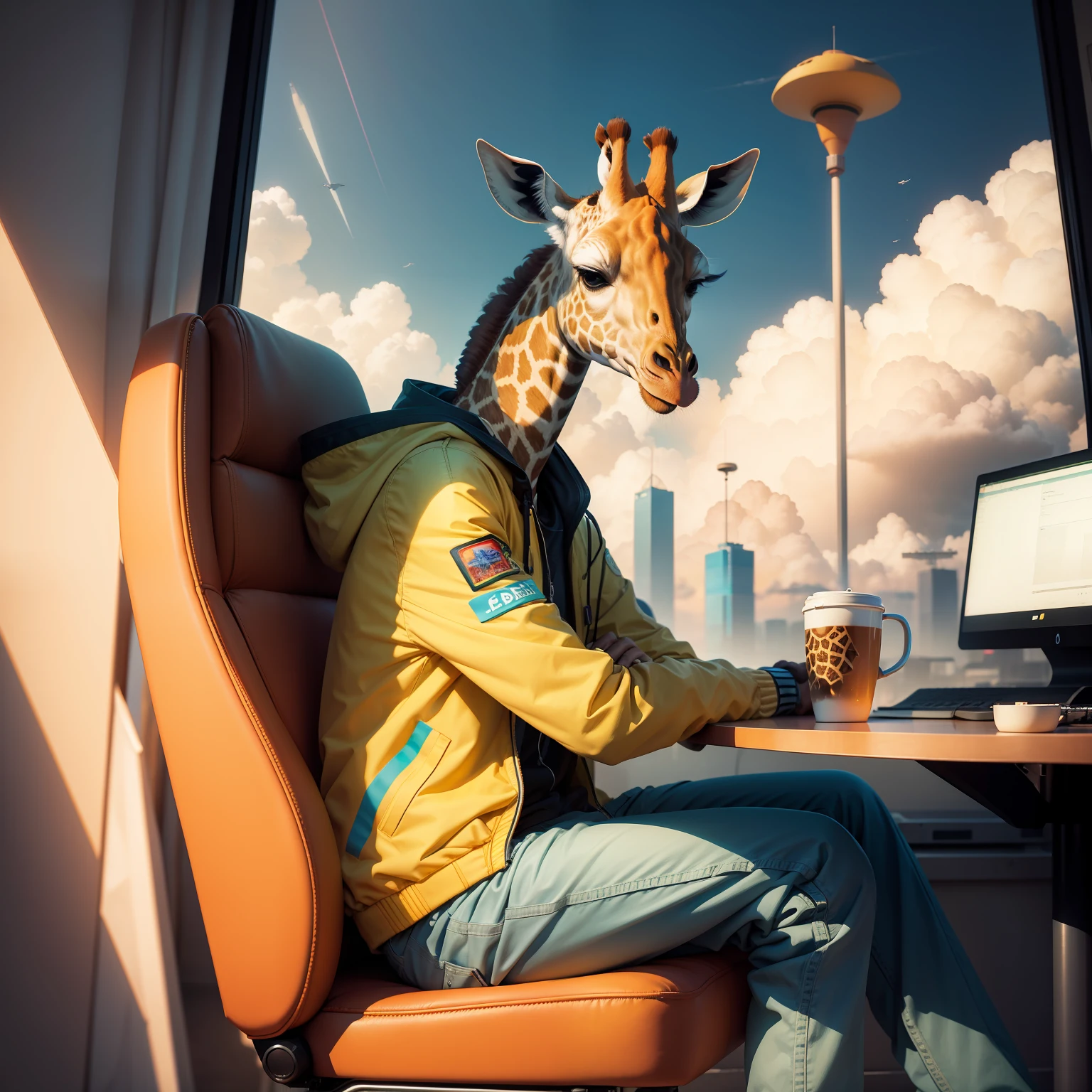Giraffe wearing a colorful jacket and pants sitting on a chair, inspired by Chris LaBrooy, inspired by Mike Winkelmann, by Chris LaBrooy, by Mike Winkelmann, beeple style, photography alexey gurylev, beeple and jean giraud, beeple. hyperrealism, photography alexey kurylev