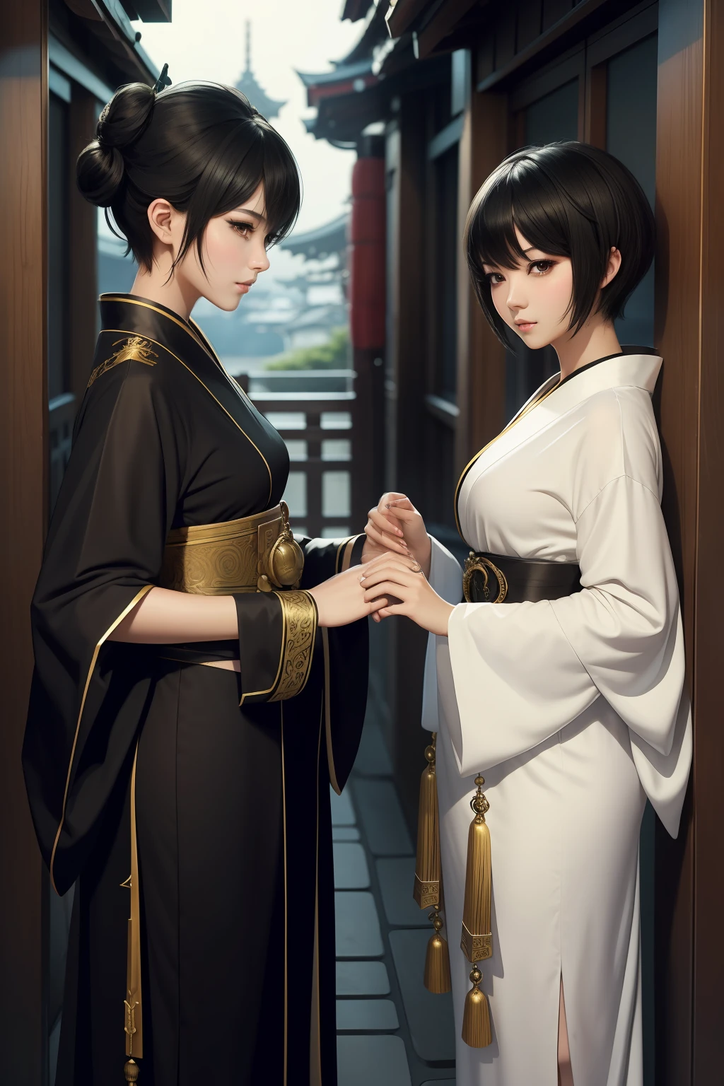 (masterpiece)8K分辨率、top-quality、Beautiful woman dressed as a priestess、Jet black hair pixie cut、Black eye、Nice Buddy、Japan style anime style、Full body like、Bells in both hands