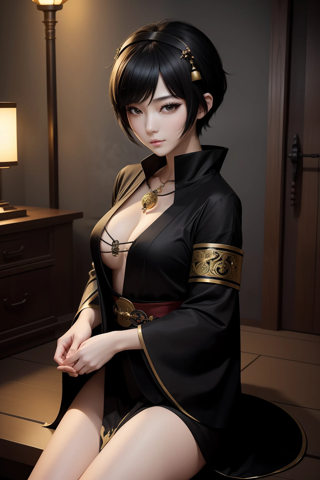 （​masterpiece）8K分辨率、top-quality、Beautiful woman dressed as a priestess、Jet black hair pixie cut、Black eye、Nice Buddy、Japan style anime style、Full body like、Bells in both hands