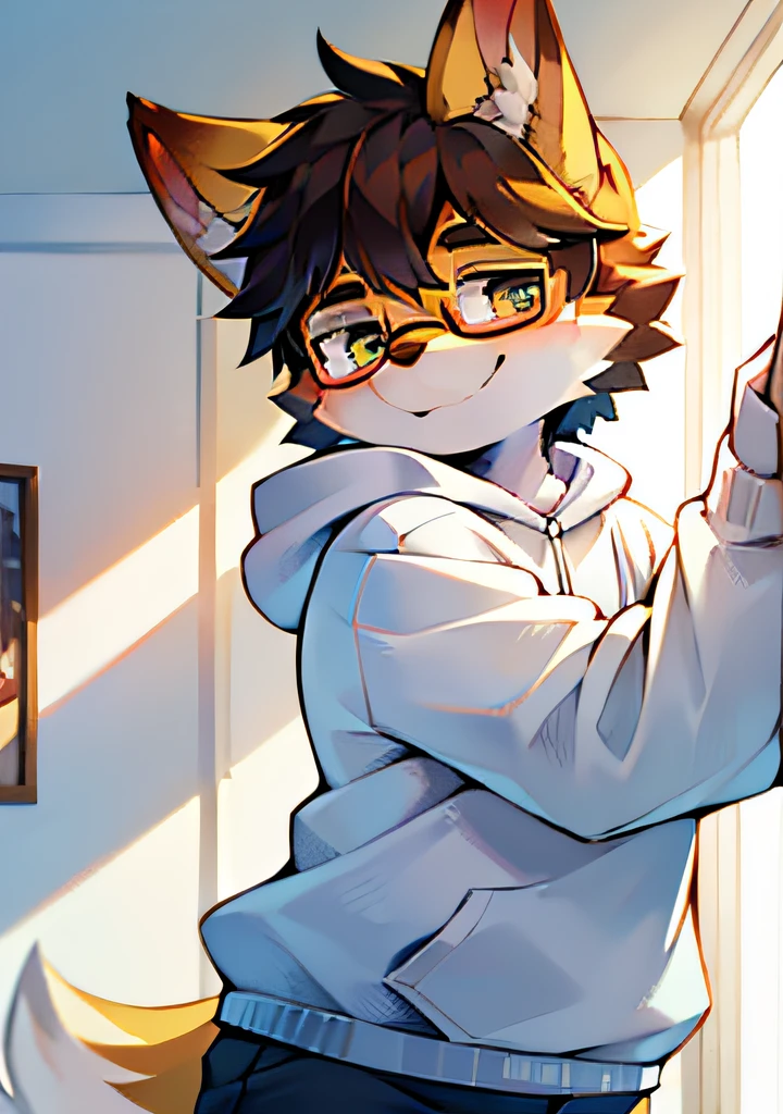 （Bright environment:0.8),eyes with brightness, Upper body, Character focus.(detailedbackground:0.7), adolable，furry men，Young age，The head is on the large side，shaggy male，Sunny and cheerful，Smiling，wearing black rimmed glasses，White sweatshirt，coyote，（canid，Shota，Normal standing posture）Steady and secure，