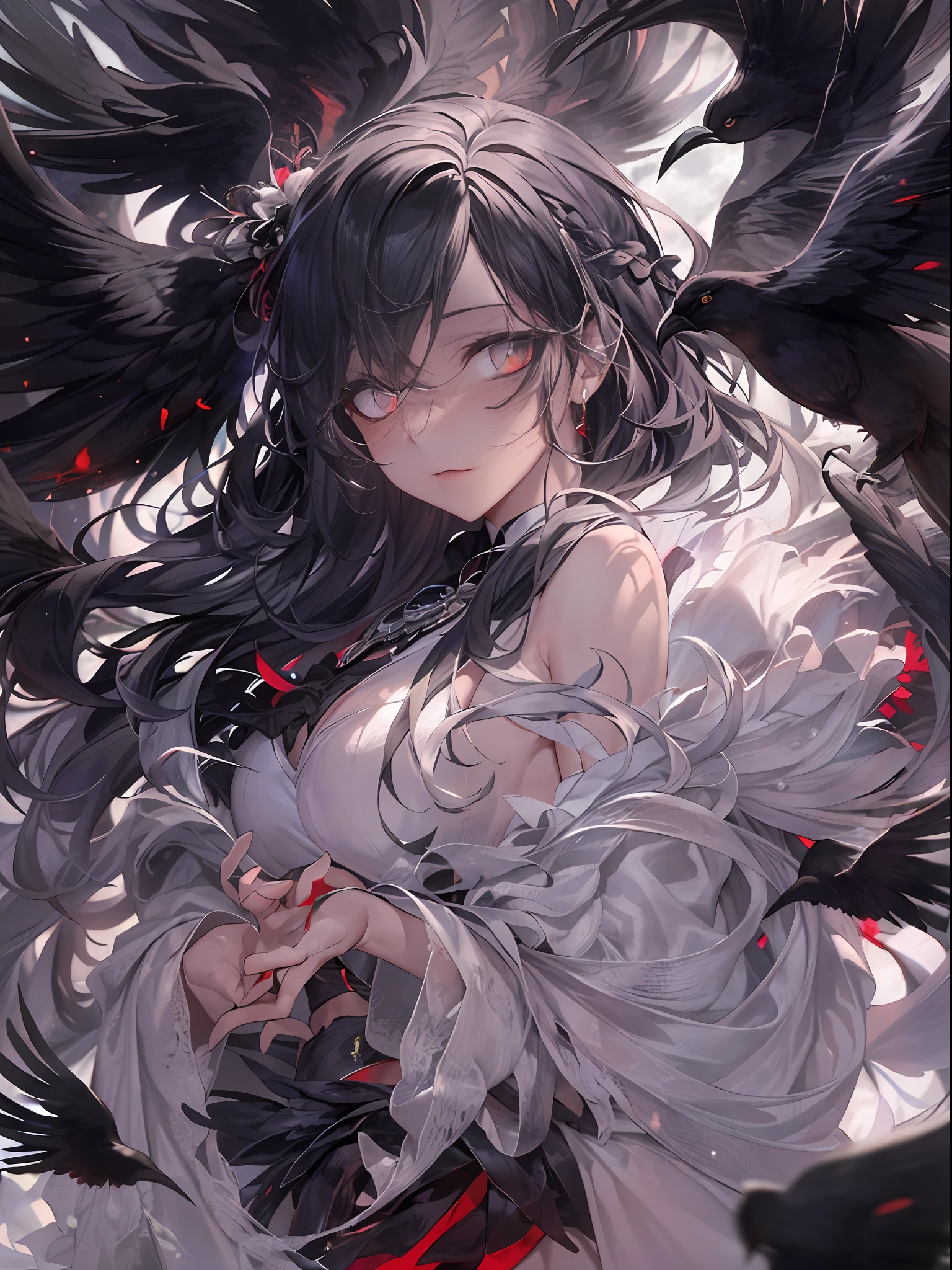 (((Masterpiece))),Best quality, Extremely detailed CG unity 8k, illustration, contour deepening beautiful detailed glow,(Beautiful detailed eyes), (1 girl:1.1), ((my)), Large top sleeve, Floating black ashes, Beautiful and detailed black, Red Moon, ((black cloud)), (Black wings) , the sky with clouds, Burning, Black dress, (Beautiful detailed eyes), The black face is expressionless, beautiful detailed white gloves, (crow), bat, (floating black cloud:1.5),White and black hair, Disheveled hair, Long bangs, hairs between eyes, Black knee-length heels, Black ribbon, white bowties, midriff,{{{half closed eyes}}},((Black fog)), Red eyes, (Black smoke), complex pattern, ((Black feathers floating in the air)), (((arms back behind)))