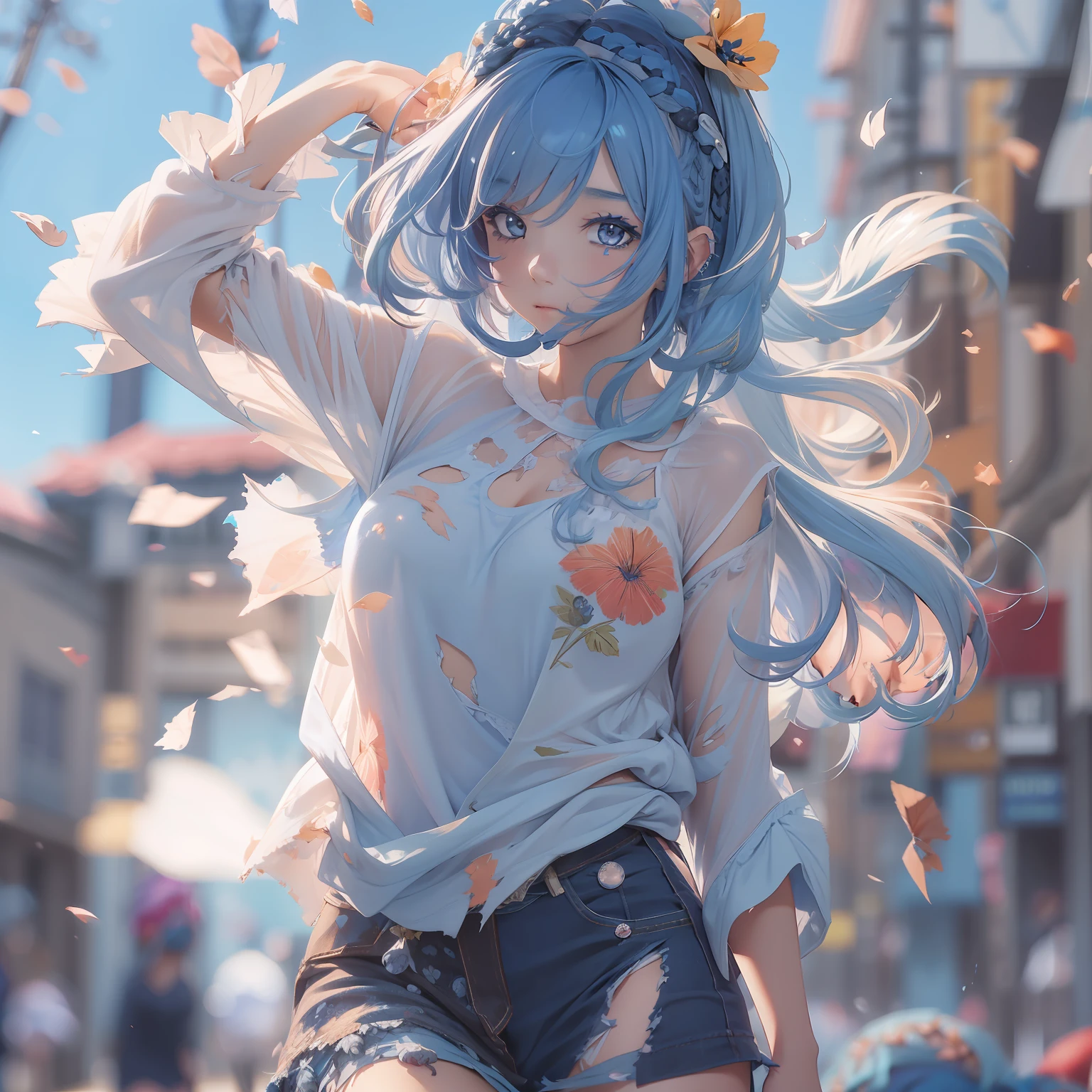 top-quality、Photorealsitic、8K、hight resolution、1girl in、femele、(Skindentation)、(large full breasts)、(profetional lighting、bokeh dof)、(a street)、(flower petals、many:0.6)、Sad face、fansty world(natta:1.2)、(Blue hair:2.0)、(Torn blouse:1.5)、(Portate:0.6)、tatteredclothing、Damaged clothing、a gorgeous、Torn clothes、Clothes torn、bloom、(Floating hair)、(light particules、lensflare、Luminous particles:0.6)、(dynamicposes:1.2)、softlighting、