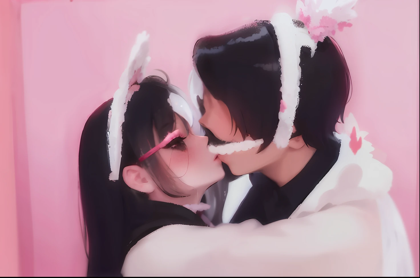 There is a man and woman kissing each other in a pink room, kissing together cutely, couple, Kissing, couple kissing,