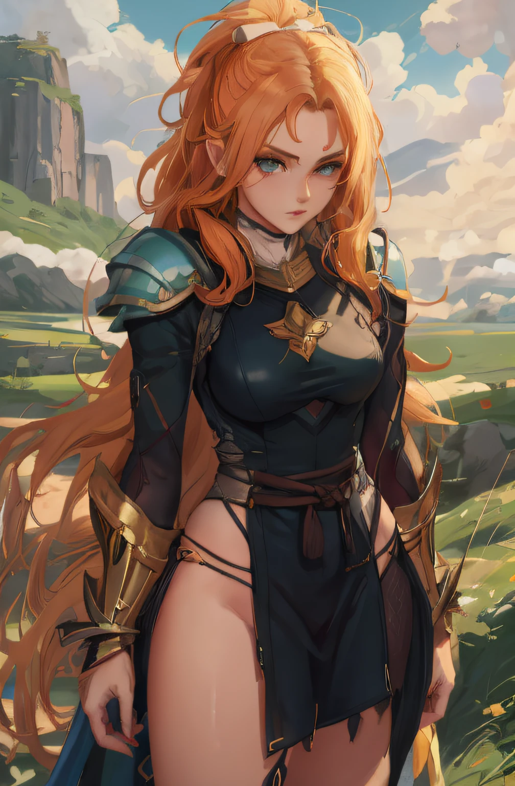 uma mulher com longos cabelos ruivos e uma espada em um campo, cushart krenz arte chave feminina, Artgerm extremamente detalhado, portrait knights of zodiac girl, Wlop Ross, Artgerm em ArtStation Pixiv, :: Ross, gorgeous female paladin, trending on artstation pixiv, Cavaleiro elfo sedutor da princesa, fanart melhor artstation