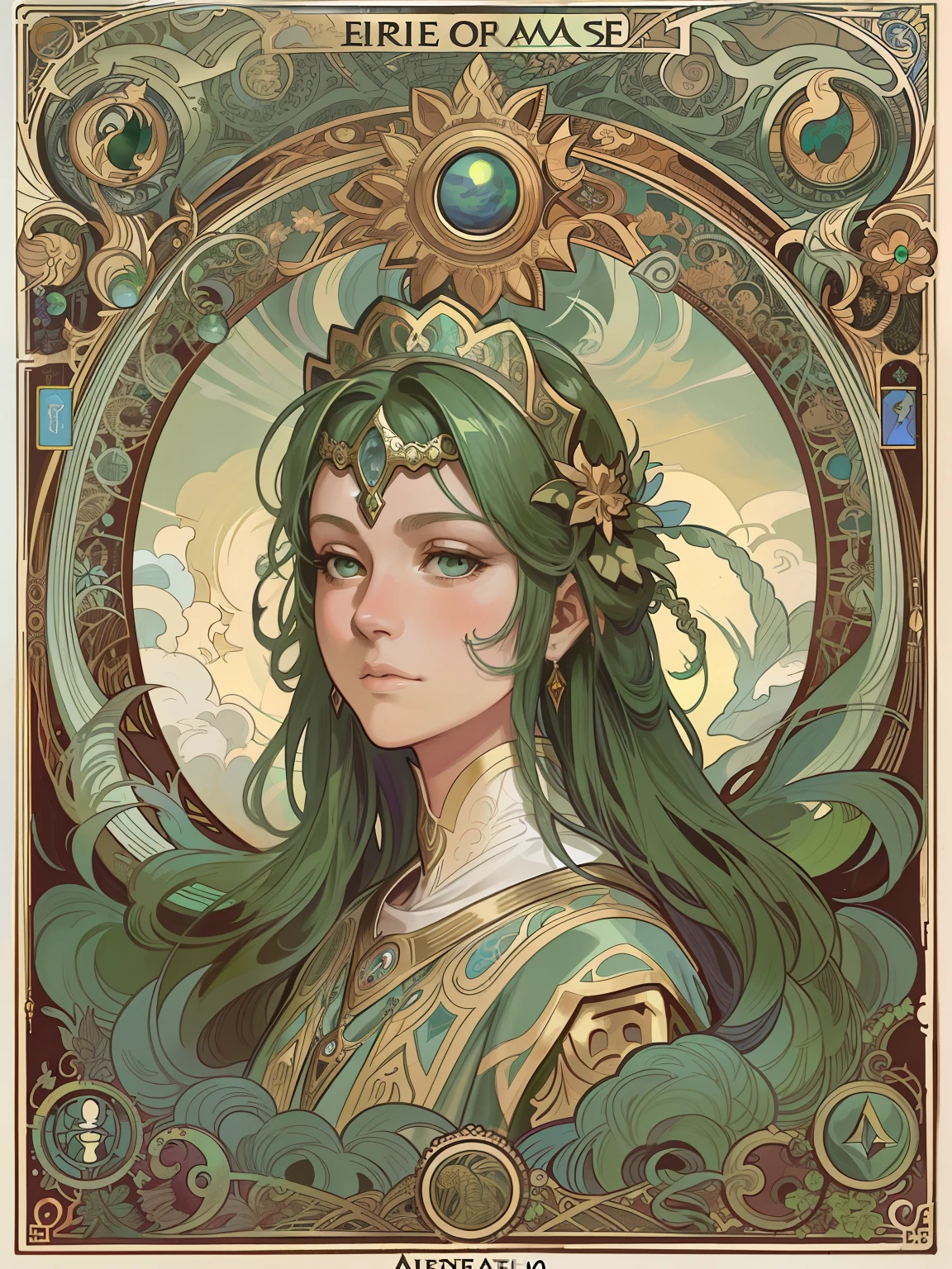1 girl,woman,Looking down,Solo,The upper part of the body,Green eyes,european woman face portrait,with long coiled hair,Shiny skin, Detailed face, The magic robe is patterned, Sumeru,Clouds, themoon,tarot card layout,Best quality, Masterpiece, (Realistic:0.6), Realistic lighting,Flower frame, Decorative panels, abstract artistic, Alphonse Mucha (tmasterpiece, best qualtiy, A high resolution: 1.4), A detailed, Complicated details, 4K,cerulean, Line art, Fibonacci