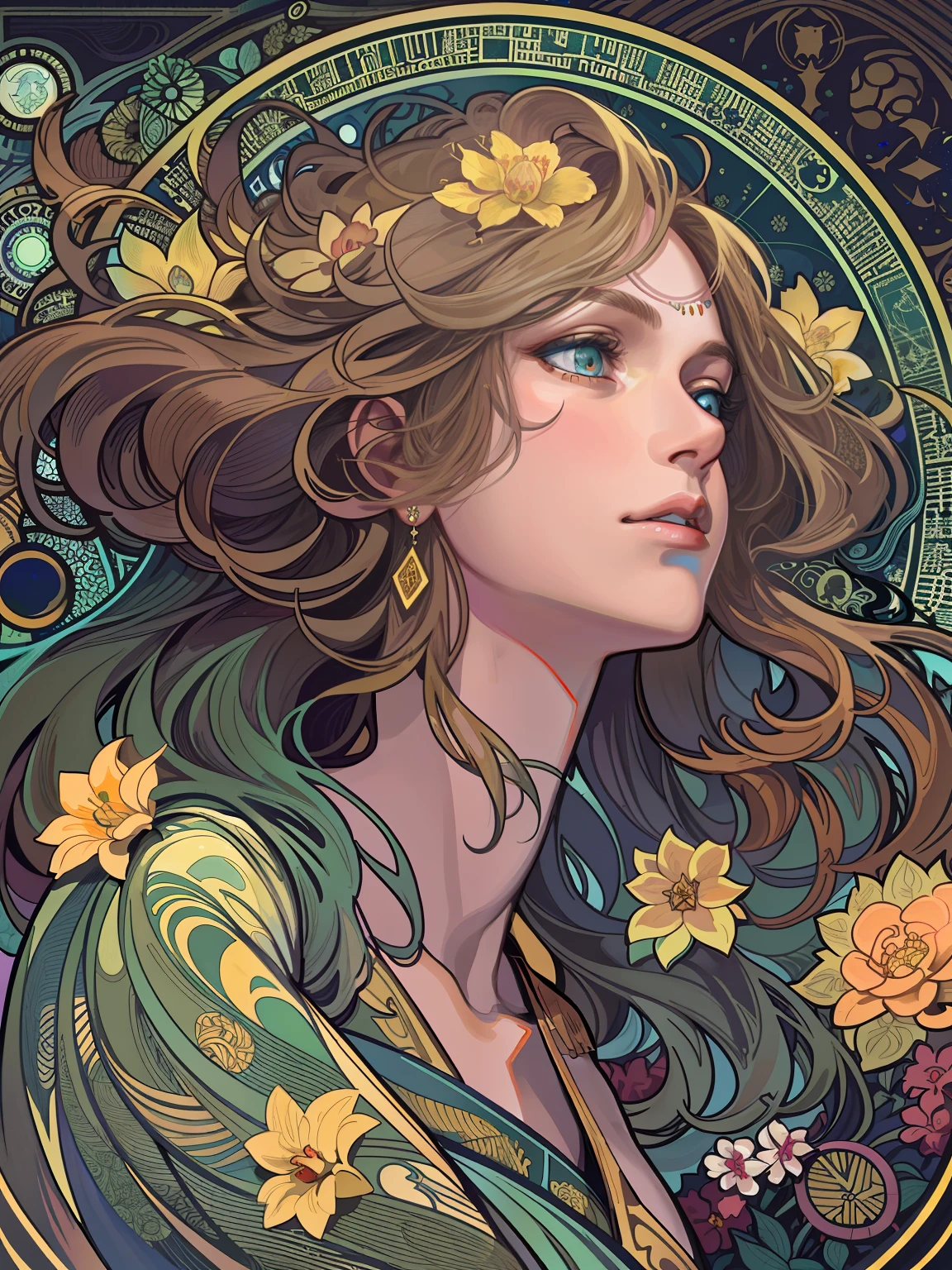 1 girl,woman,Looking down,Solo,The upper part of the body,Green eyes,european woman face portrait,with long coiled hair,Shiny skin, Detailed face, The magic robe is patterned, Sumeru,Clouds, themoon,tarot card layout,Best quality, Masterpiece, (Realistic:0.6), Realistic lighting,Flower frame, Decorative panels, abstract artistic, Alphonse Mucha (tmasterpiece, best qualtiy, A high resolution: 1.4), A detailed, Complicated details, 4K,cerulean, Line art, Fibonacci