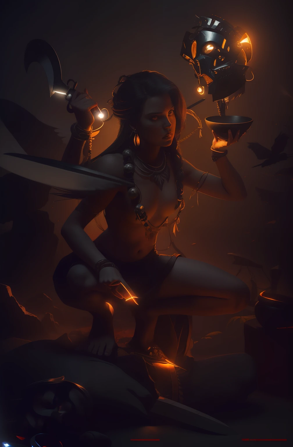(full body shot of:14),(1 Angel Girl),(4 arms),Take each;machete,Yokai's head,bowl,hand seal,Delicate smooth skin,Openwork beads,No clothes,Crouch on the corpse,cawing ravens,Accurate human anatomy,(glaring eyes),(plethora of colors,Best quality,high detal,tmasterpiece,Cinematic lighting effects,4K,Chiaroscuro)