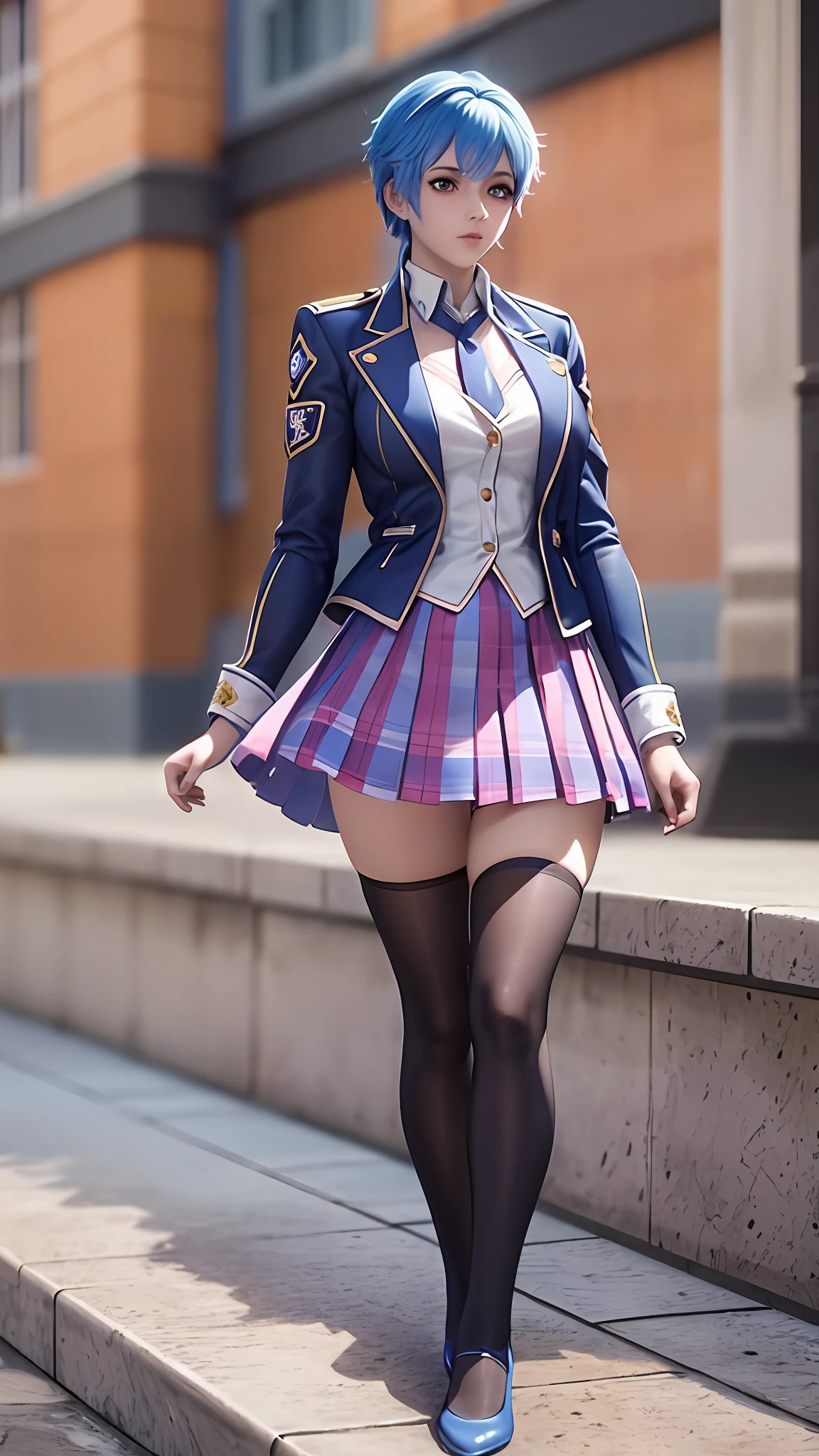 there is a woman in a skirt and a jacket posing for a picture, Surrealism female students, Surrealism female students, Realistic schoolgirl, thighhighs and skirt, photorealistic anime girl rendering, 3 d anime realistic, Smooth anime CG art, photorealistic full body, Photorealistic anime, Realistic anime 3 D style, photorealistic perfect body, wearing skirt and high socks