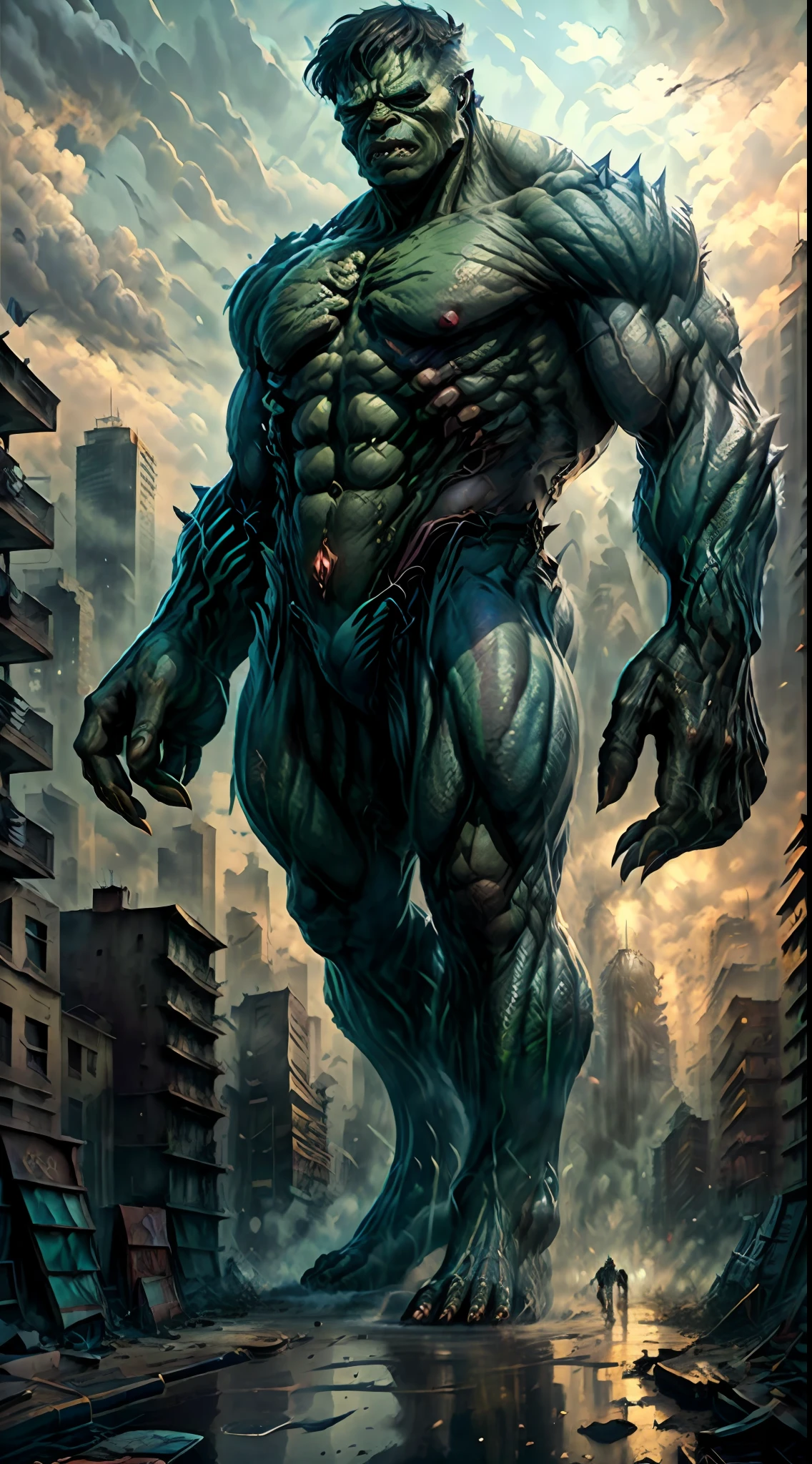 (8k, best quality, masterpiece:1.2), ultra realistic, masterpiece, solo, slum city backdrop, full body, monster, detailed backdrop, standing, hulk