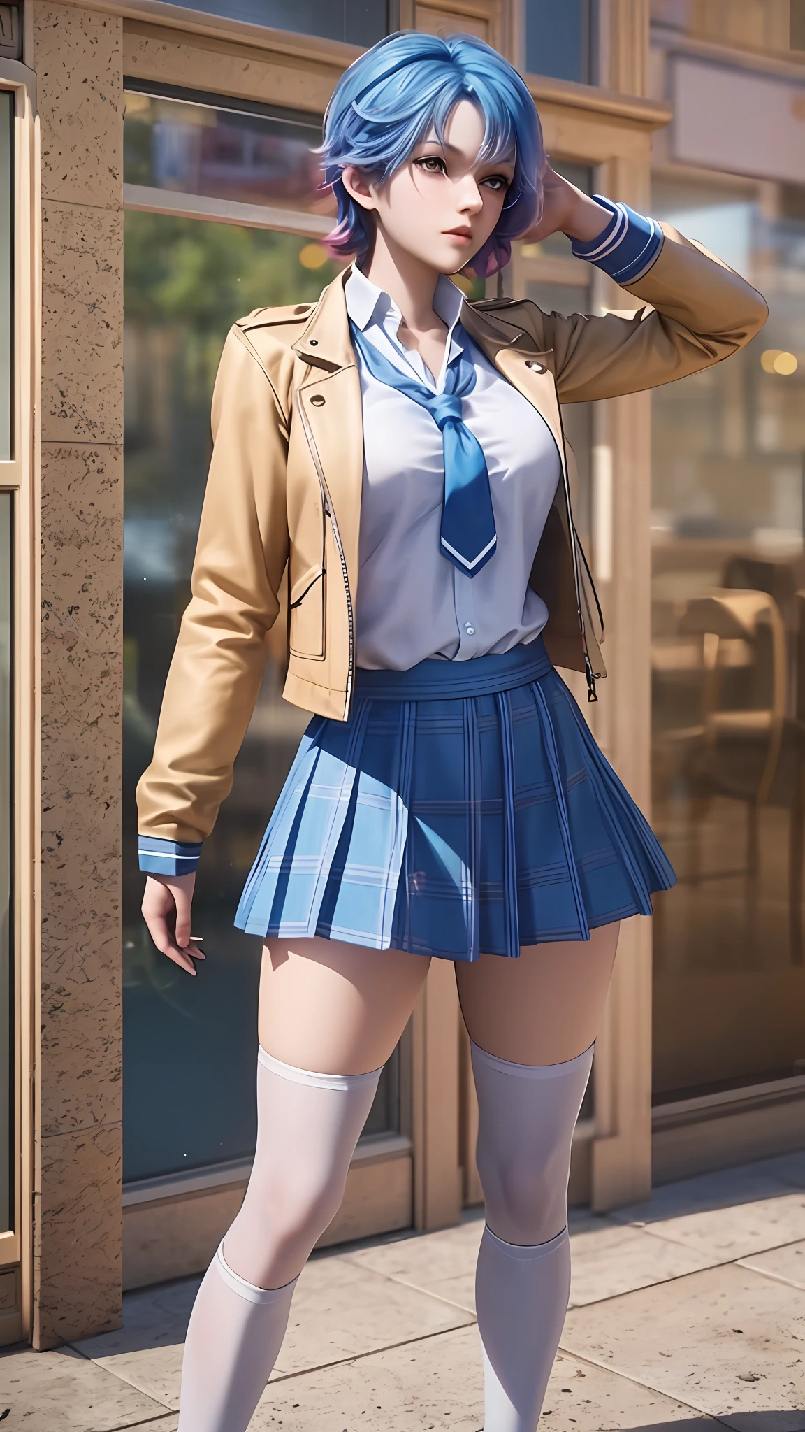 there is a woman in a skirt and a jacket posing for a picture, Surrealism female students, Surrealism female students, Realistic schoolgirl, thighhighs and skirt, photorealistic anime girl rendering, 3 d anime realistic, Smooth anime CG art, photorealistic full body, Photorealistic anime, Realistic anime 3 D style, photorealistic perfect body, wearing skirt and high socks
