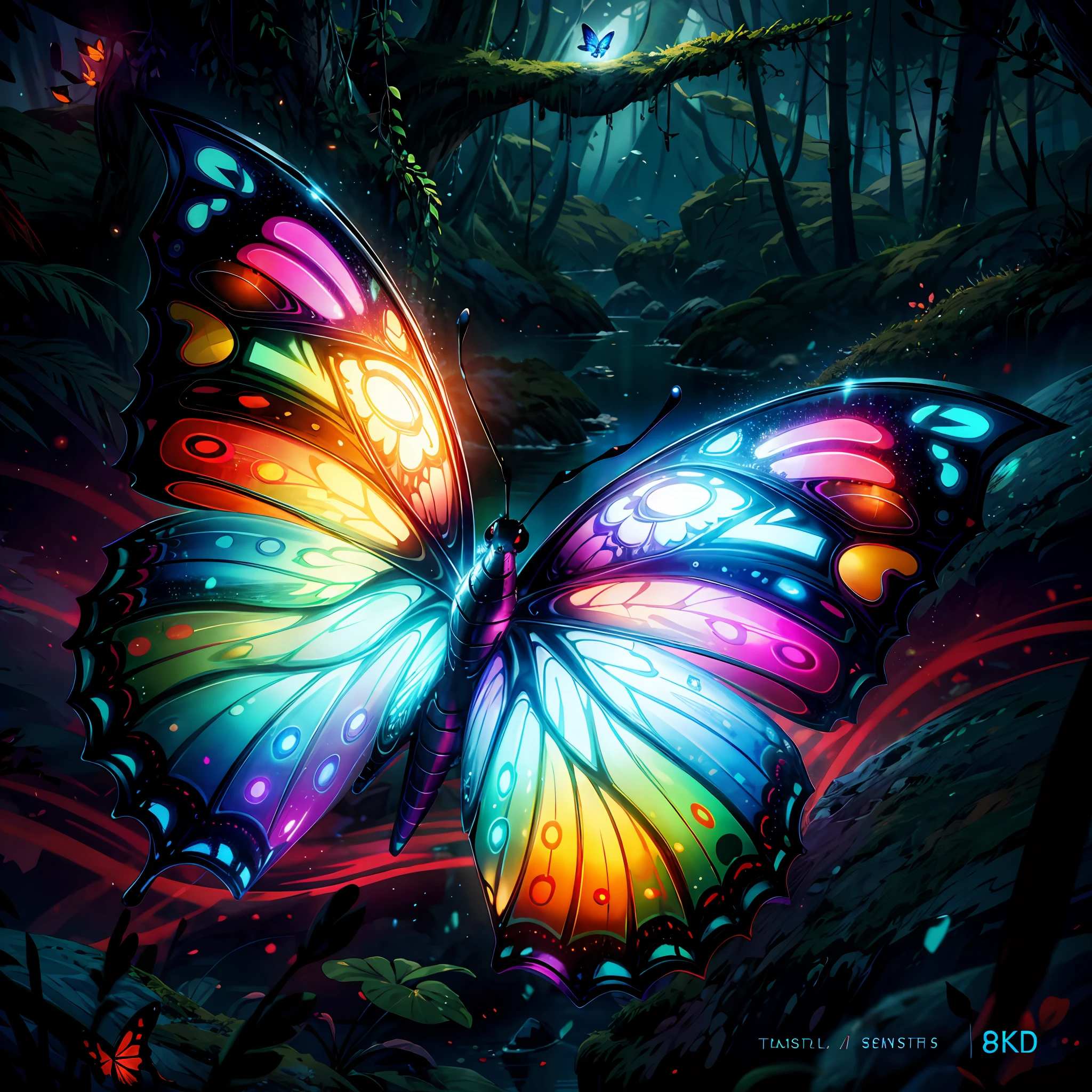 close shot of a colorful butterfly, big wings, detailed, detailed wings, the butterfly is flying on a big leaf inside an alien forest , glowing wings, crystal like ,focus, alien landscape background .BREAK,Detailed,Realistic,4k highly detailed digital art,octane render, bioluminescent, BREAK 8K resolution concept art, realism,by Mappa studios,masterpiece,best quality,official art,illustration,ligne claire,(cool_color),perfect composition,absurdres, fantasy,focused,rule of thirds,