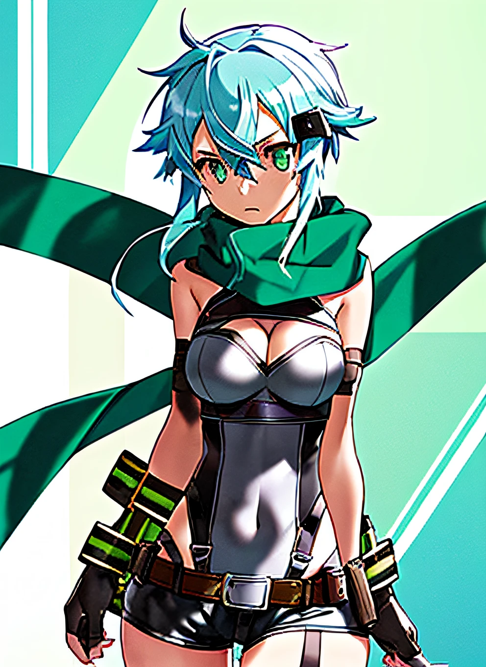 bunbun masterpiece, Best Quality, sinon, 1girl in, aqua hair, naked waist, Belt bag, Black Gloves, Black shorts, breasts, cleavage, Clothes Cutout, Covered navel, gloves, Green eyes, Greybelt, Holographic interface, holographic monitor, Leotard, medium breasts, scarf, Science fiction, Short hair, Short shorts, Shorts, Solo, thighs thighs thighs thighs