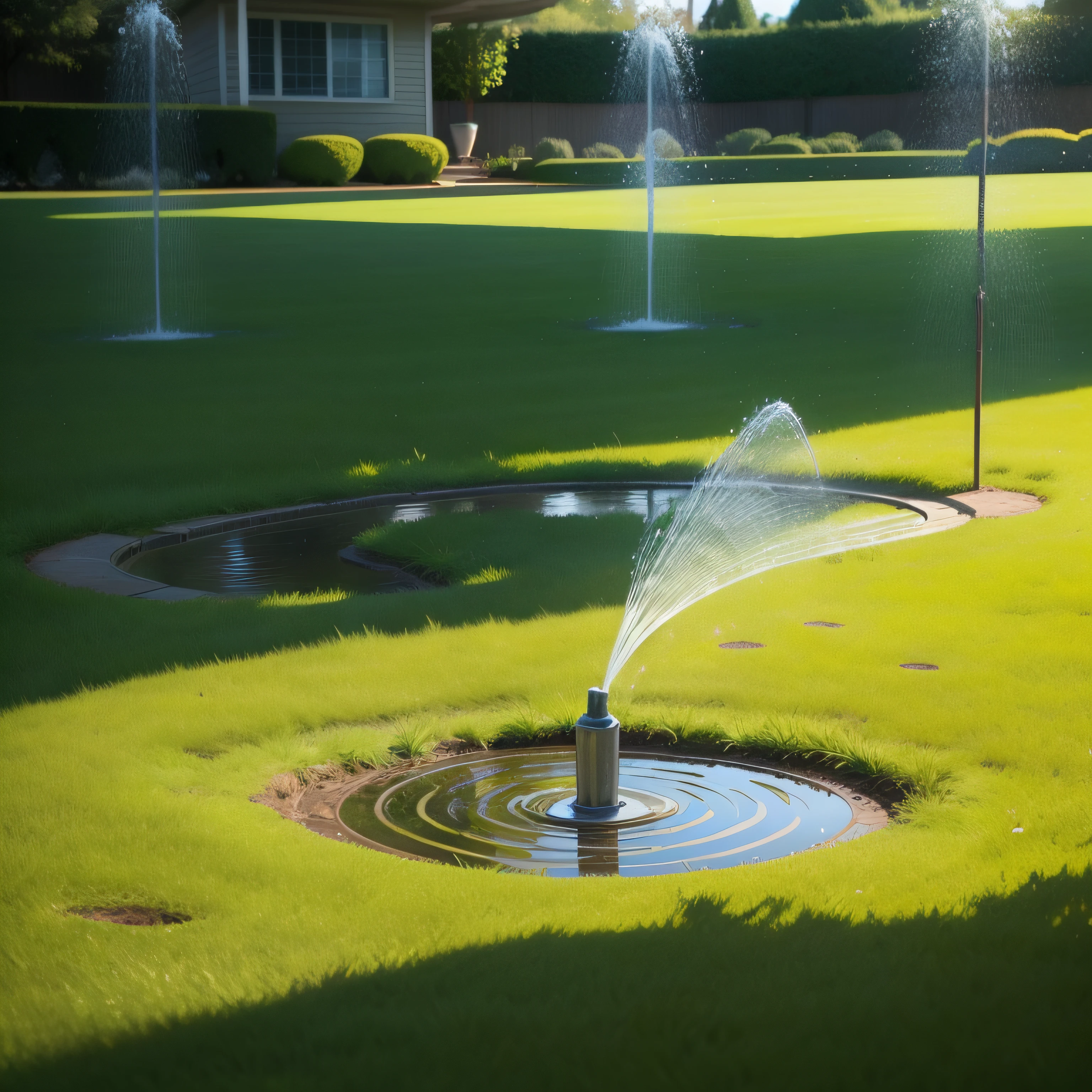 Landscape with sprinklers on lawn、Strewn with water