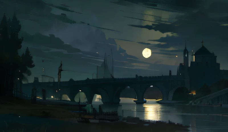 River painting with bridges and tall buildings as the background, carl gustav carus, Kramskoy 4 K, Savrasov, Sebastian Pesser, Night scene, baroque painting. star lit sky, Kramskoy, Alexei Savrasov, Moonlight night, nighttime scene, the glow of the moonlight