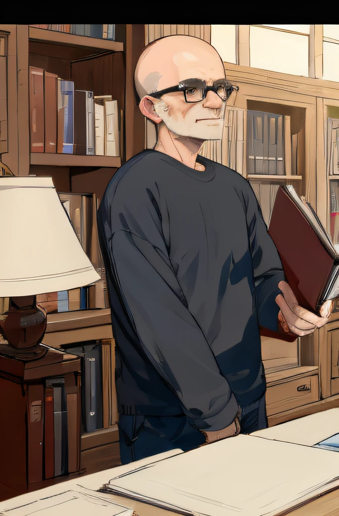 old man, big glasses, bald, book in hands