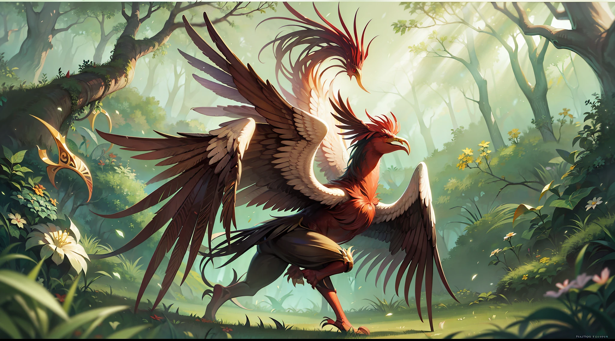 A phoenix protecting the heart of harmony in a deep forest