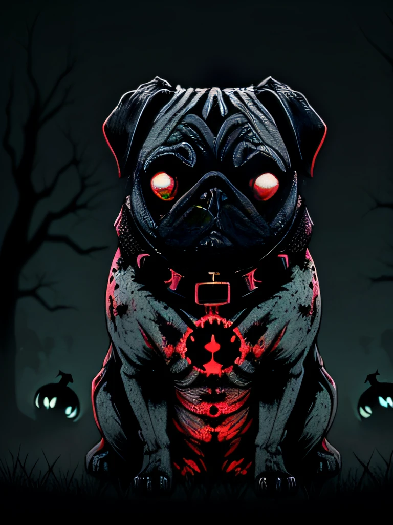 a spooky vector art of a "ZomPug" - a zombie pug with a petrifying twist. Depict the pug with undead features, such as decaying flesh, exposed bones, and a sinister, glowing gaze. The pug's ears can be tattered, and its tongue can hang out menacingly. Add blood splatters and zombie-themed elements to enhance the horror theme. Set the scene in a haunting graveyard or a dark, eerie alley to amplify the creepy atmosphere. You can also include other zombie animals in the background, like zombie cats or dogs. This style should create a chilling and ghoulish depiction of a pug that has risen from the dead as a fearsome ZomPug, isolated, black background, in the style of 0mib