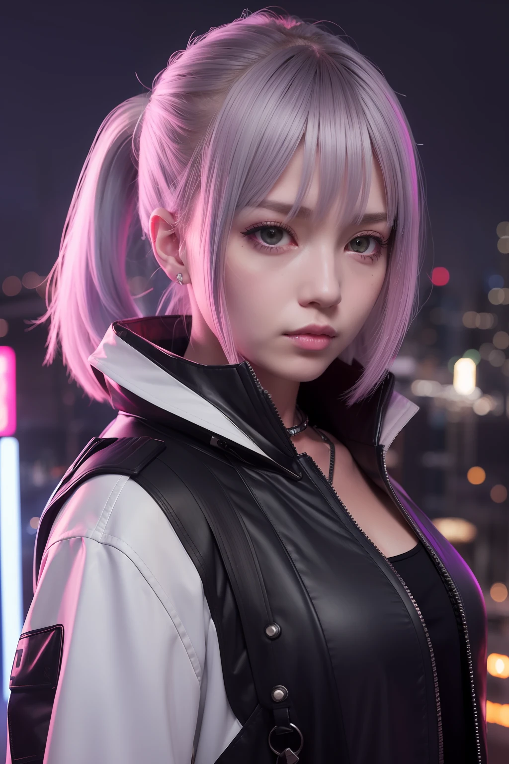lucy \(cyberpunk\), 1girl, hair scrunchie, hime cut, silver hair, colored tips, full moon, grey eyes, jacket, long sleeves, looking at viewer, medium hair, multicolored hair, parted bangs, parted lips, pink hair, portrait, red eyeliner, red lips, solo, white jacket, cyberpunk \(series\), rainy night in a cyberpunk city with glowing neon lights