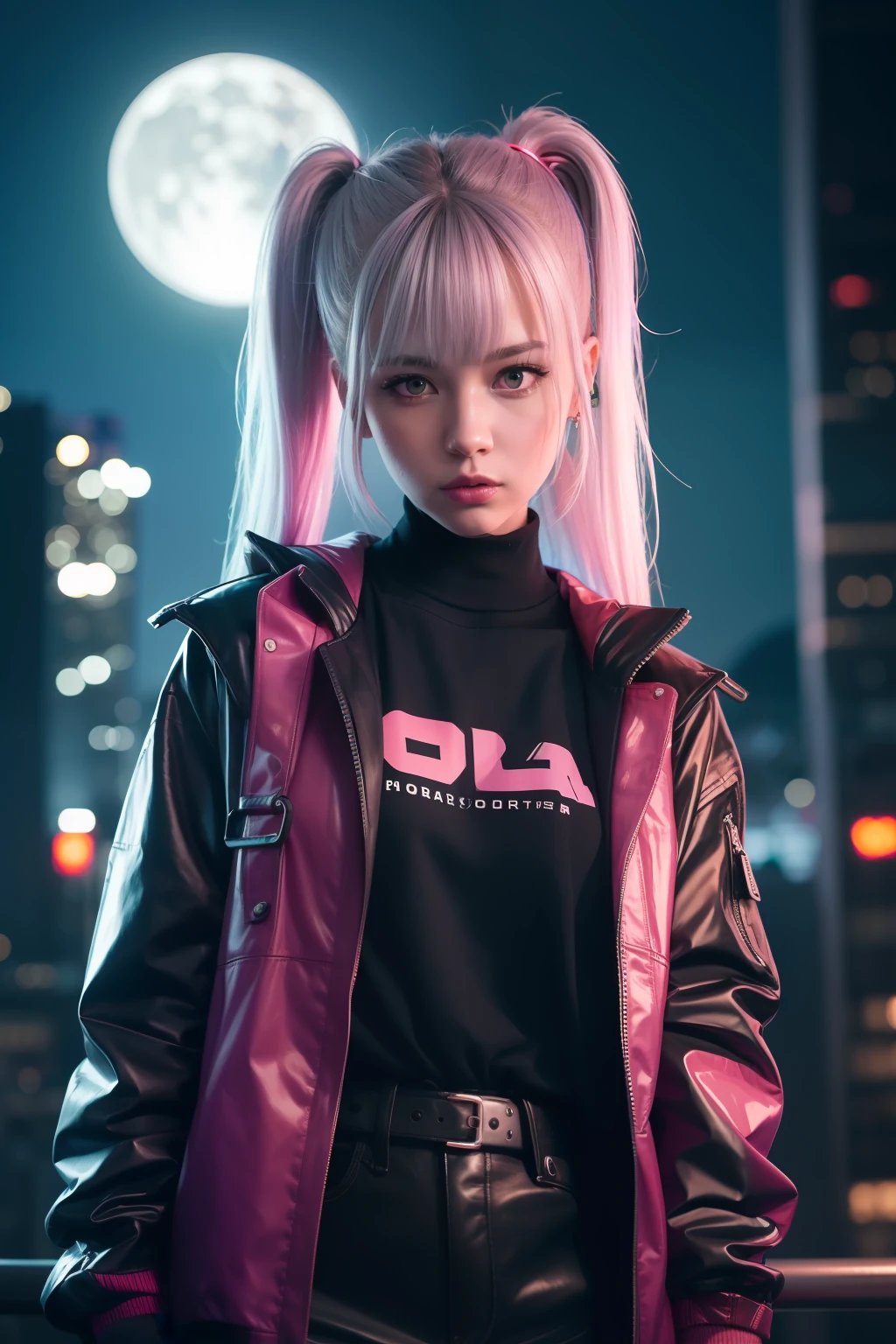 lucy \(cyberpunk\), 1girl, hair scrunchie, hime cut, silver hair, colored tips, full moon, grey eyes, jacket, long sleeves, looking at viewer, medium hair, multicolored hair, parted bangs, parted lips, pink hair, portrait, red eyeliner, red lips, solo, white jacket, cyberpunk \(series\), rainy night in a cyberpunk city with glowing neon lights