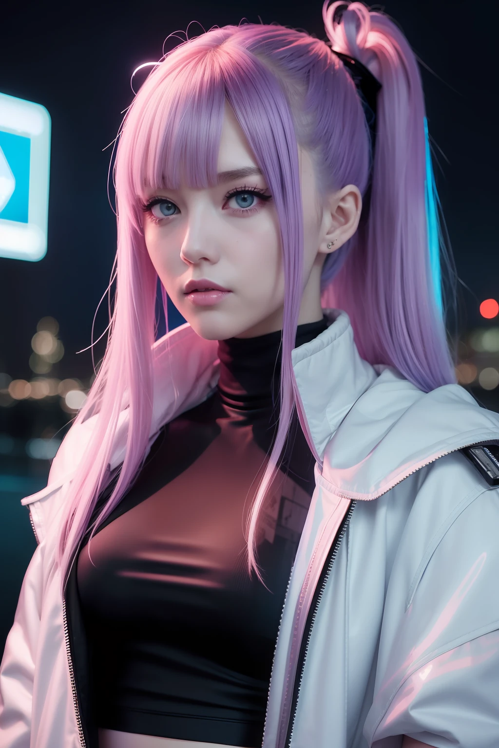 lucy \(cyberpunk\), 1girl, hair scrunchie, hime cut, silver hair, colored tips, full moon, grey eyes, jacket, long sleeves, looking at viewer, medium hair, multicolored hair, parted bangs, parted lips, pink hair, portrait, red eyeliner, red lips, solo, white jacket, cyberpunk \(series\), rainy night in a cyberpunk city with glowing neon lights