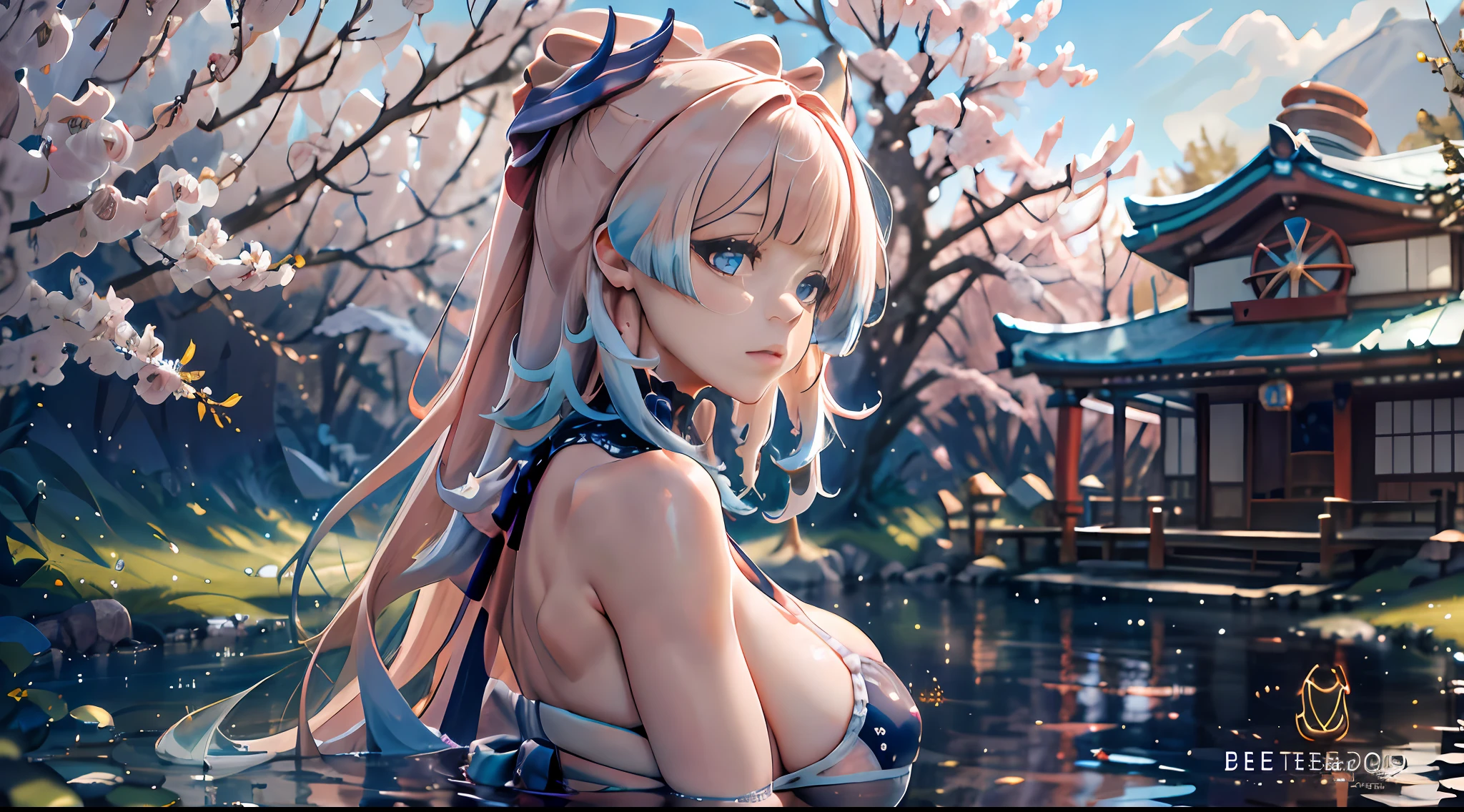 Sangonomiya Kokomi Genshin Impact, Whole body, (NSTDA.:1.2), (10, beste-Qualit, master-piece: 1.4), ultra-high resolution, (lifelike, photorealistic portrait: 1.48), 25 years old, Cute Girl, (See through the microcolor bikini beetle:1.11), Famous Japanese actors, gigantic breasts, Blue Eyes, Head tilt, cowboy shot, from the side, looking at the audience, expressionless, Beautiful lake, Zeiss 150mm F/ 2.8 Hasselblad, In Japanese shrines, Whole body, foot, Ultra-Wide Angle